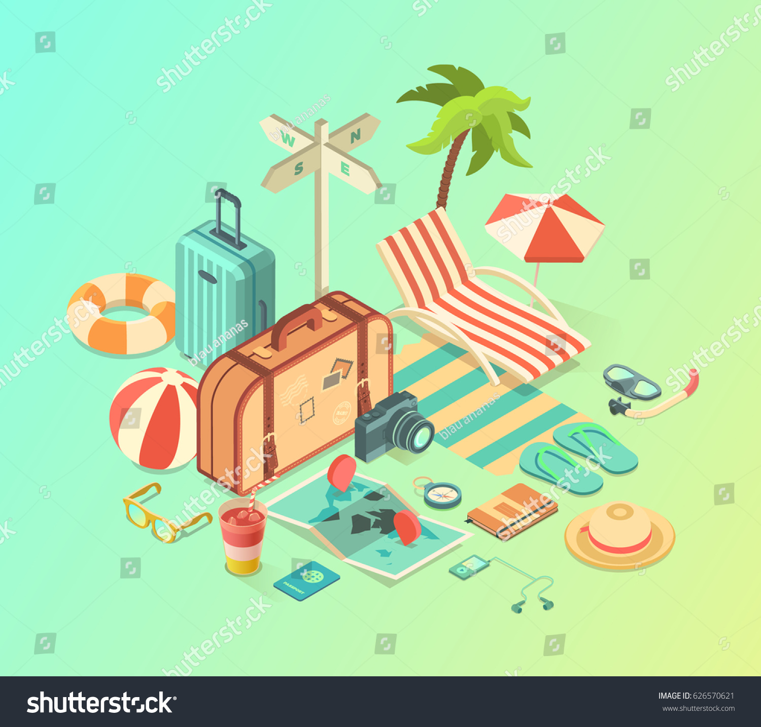 Summer Travel and Vacation isometric Accessories