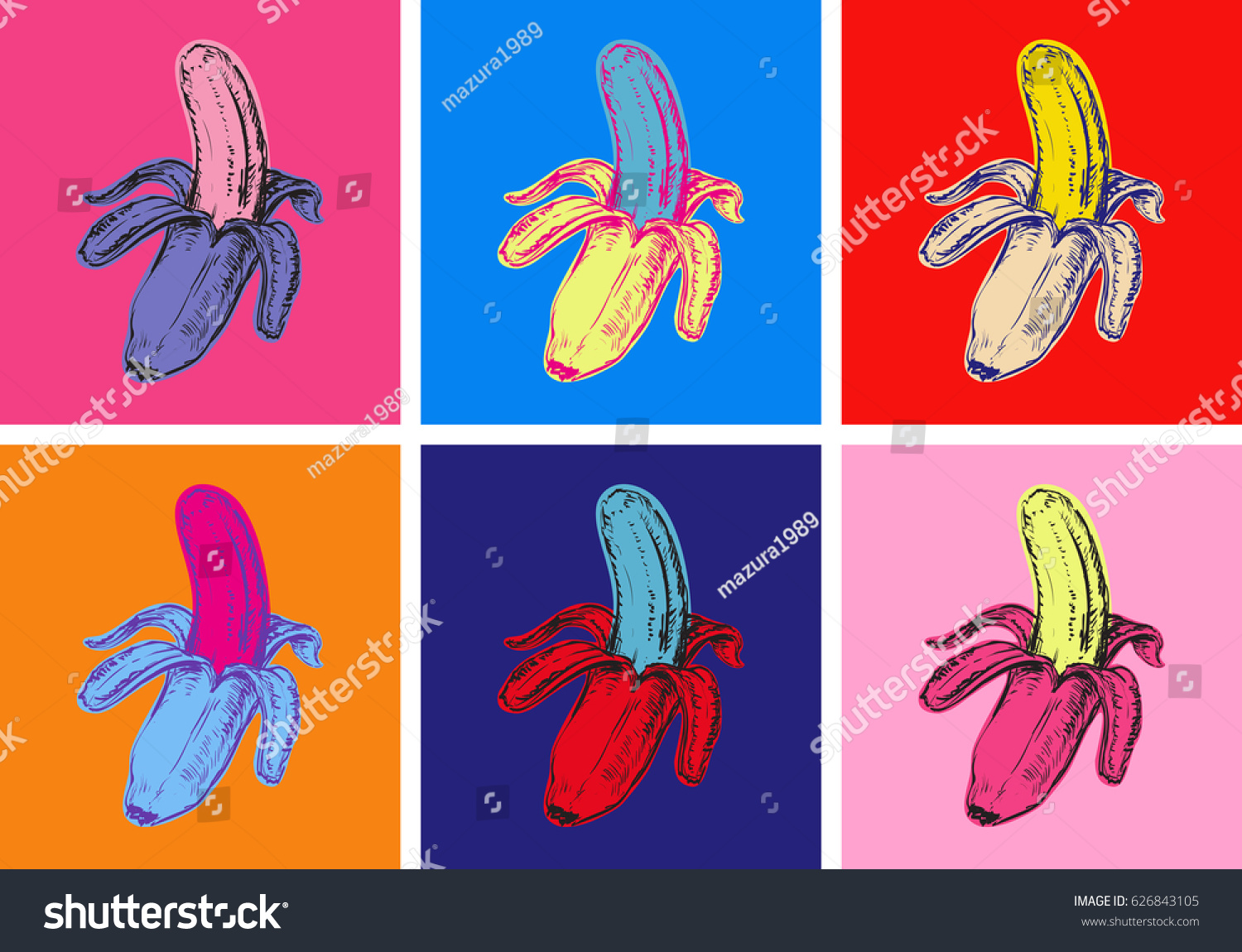 Set Bananas Vector Illustration Pop Art Style