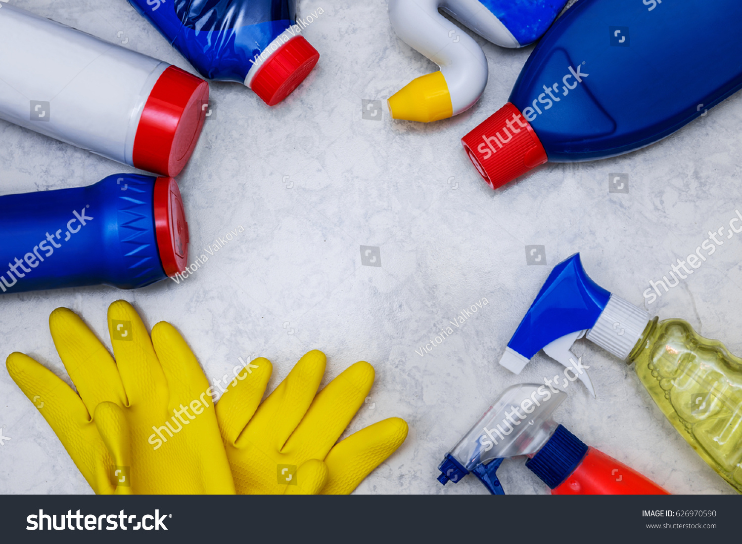 cleaning products on the bathroom floor