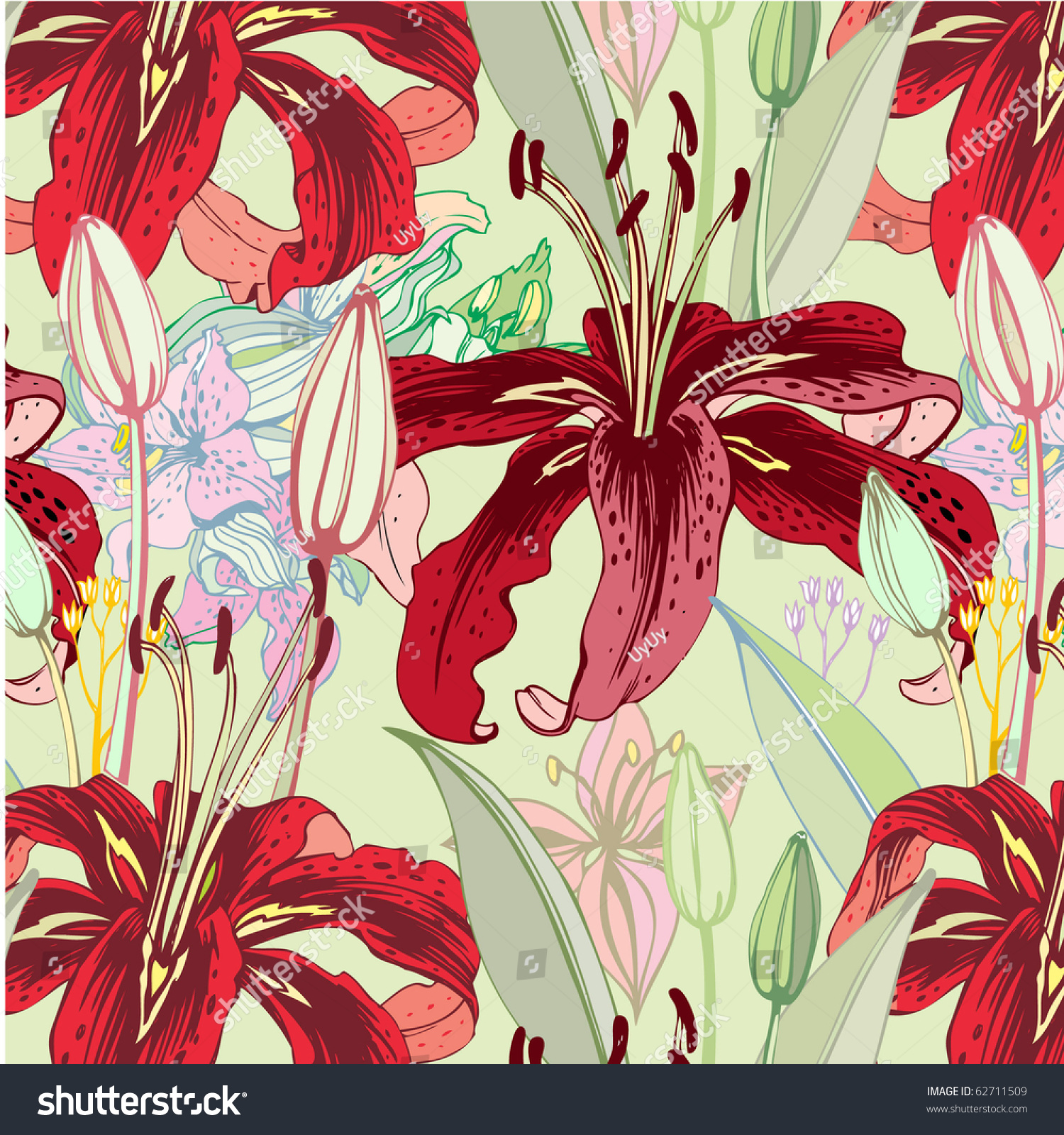 seamless pattern with red lilies