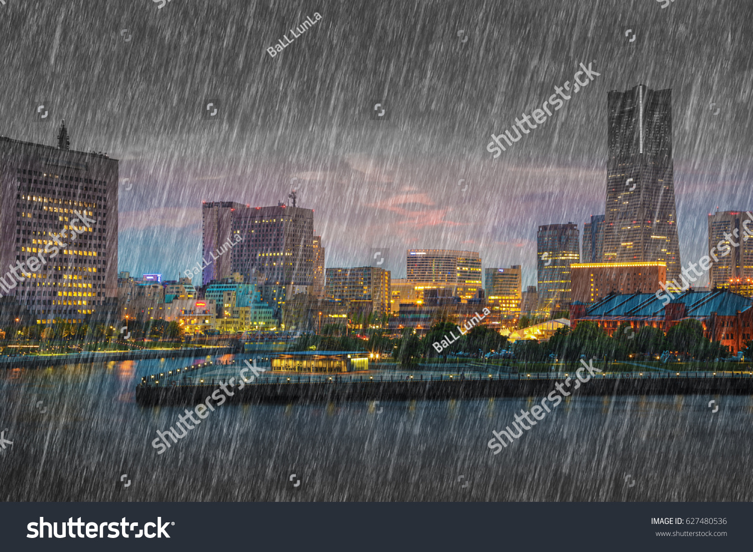 falling rain in Minato Mirai at Yokohama city  Japan
