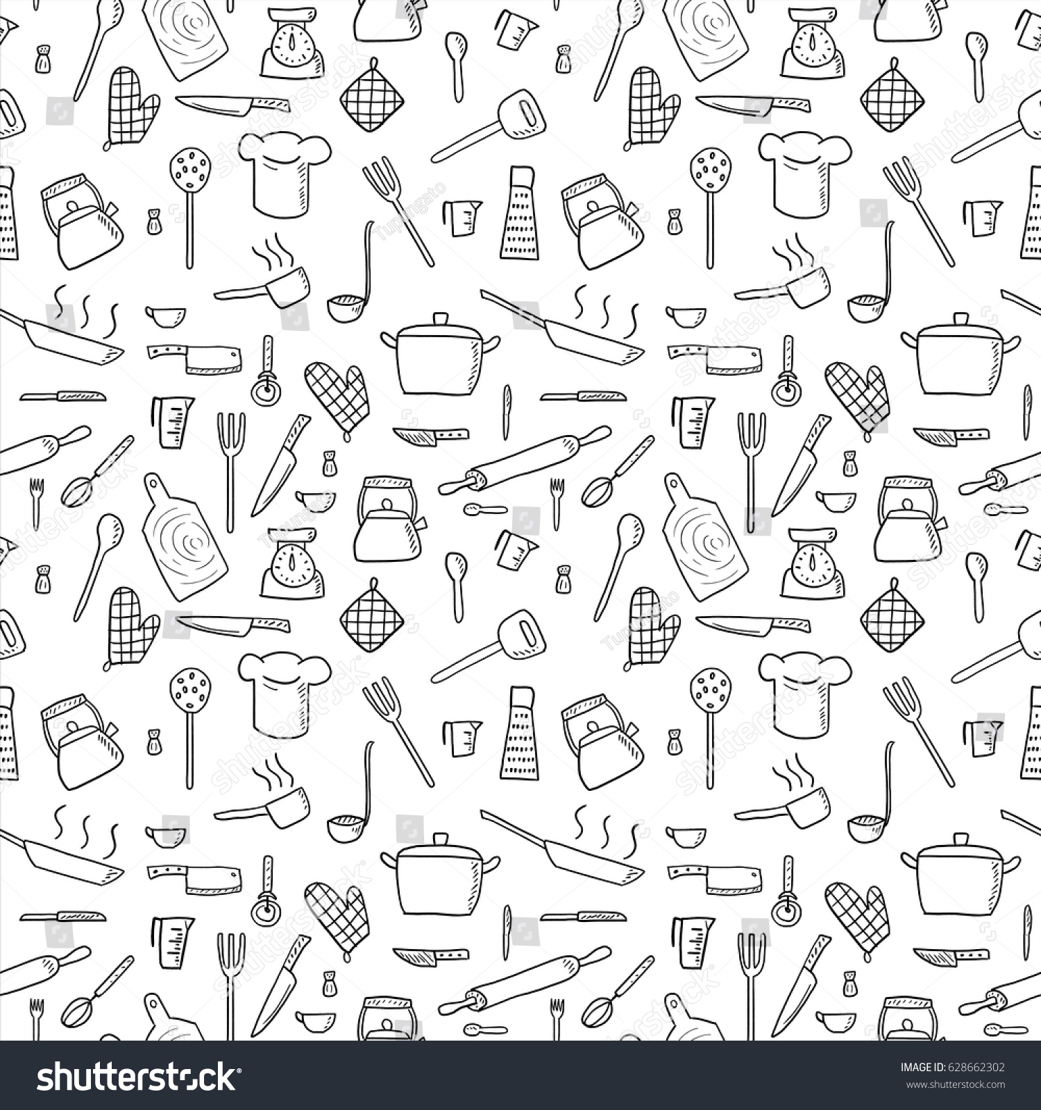 Cooking utensils and kitchen tools - seamless background doodle vector.