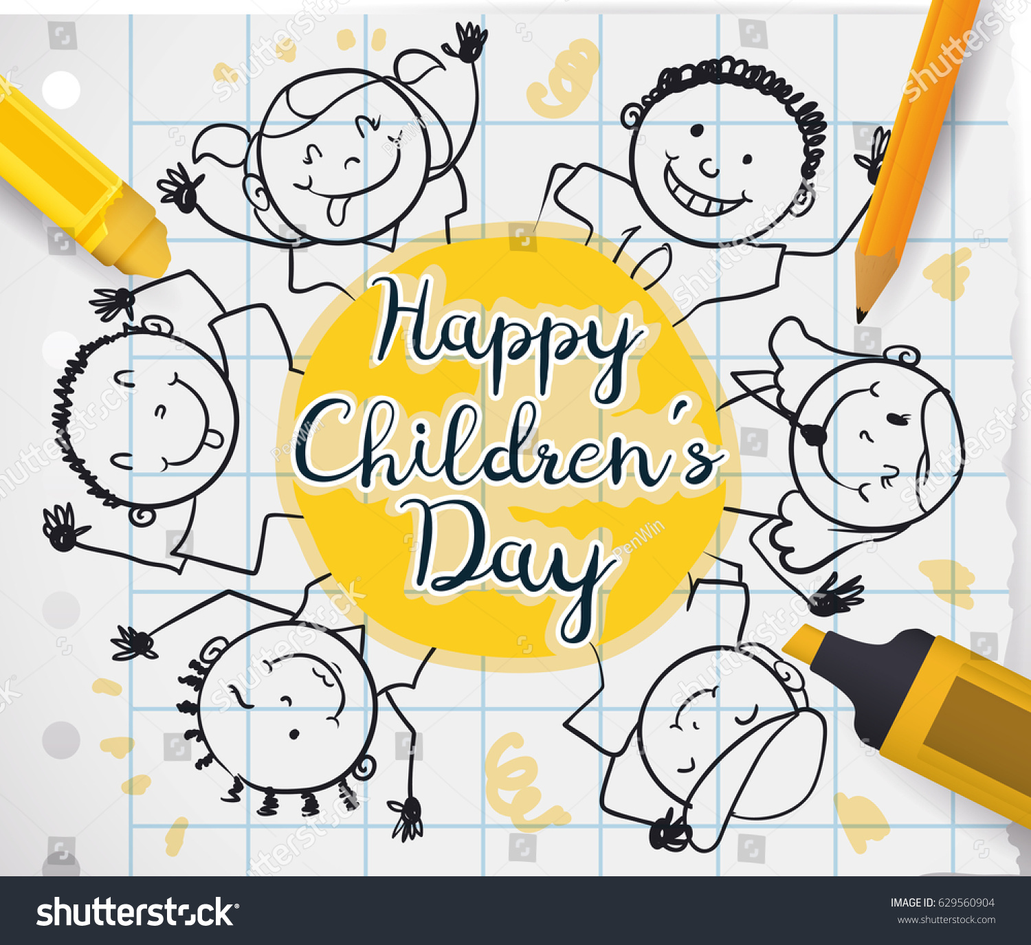 带有学校用品 笔记本纸和可爱的孩子的海报在问候标签上绘制庆祝儿童节。