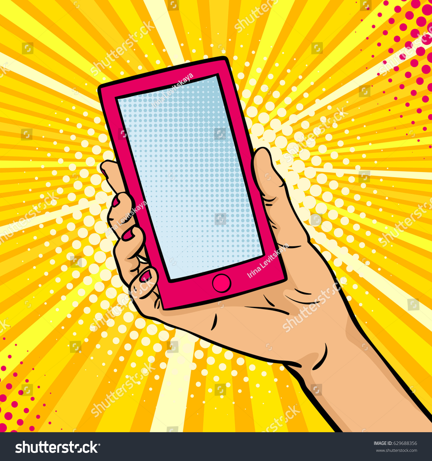 Pop art background with female hand holding a smart phone with empty screen for your offer . Vector colorful hand drawn illustration in retro comic style.