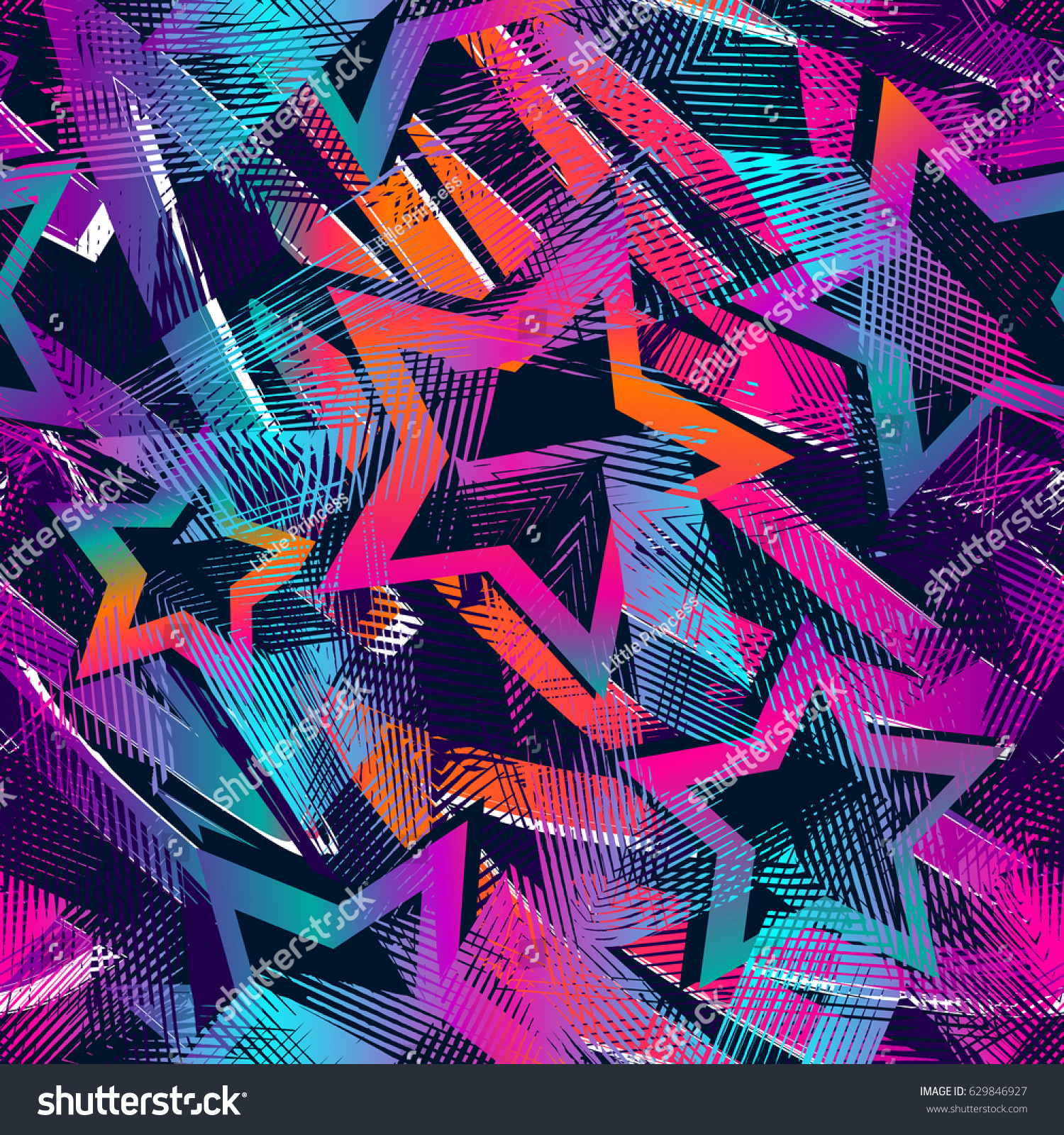 Abstract seamless grunge urban pattern in graffiti style  with Shape textured elements  lines  stars. Bright gradient background. Girlish repeated backdrop for textile  clothes. Original wallpaper