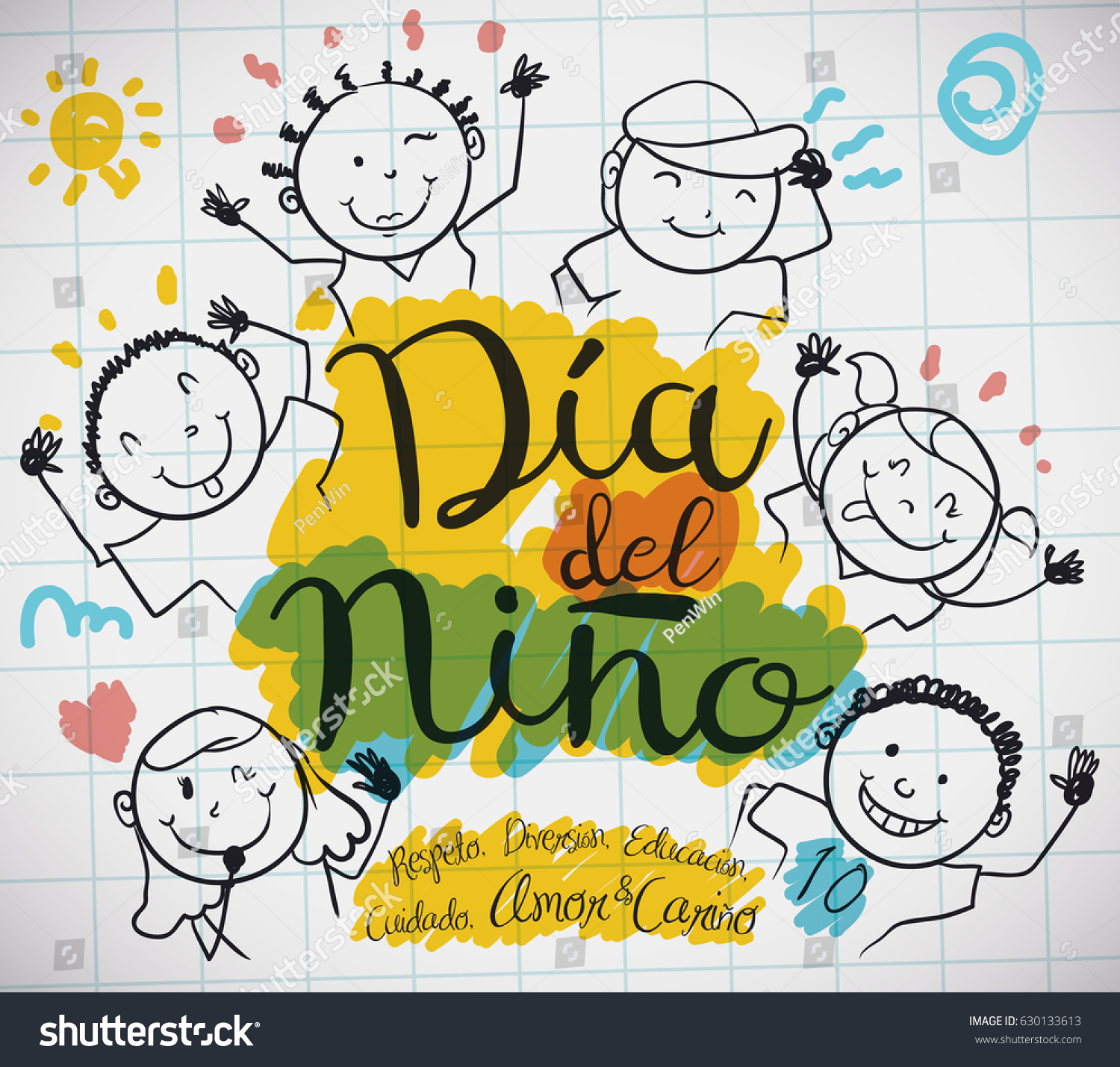 海报带有笔记本纸和可爱的孩子的涂鸦和戒律 以庆祝儿童节（用西班牙语写）。