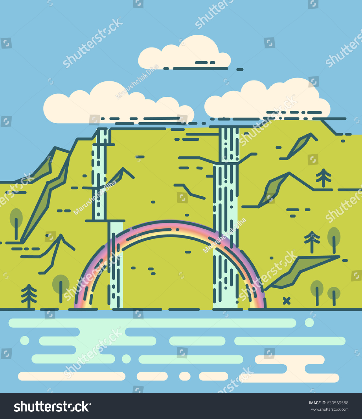 Waterfall and mountain  wild nature flat illustration. National Park