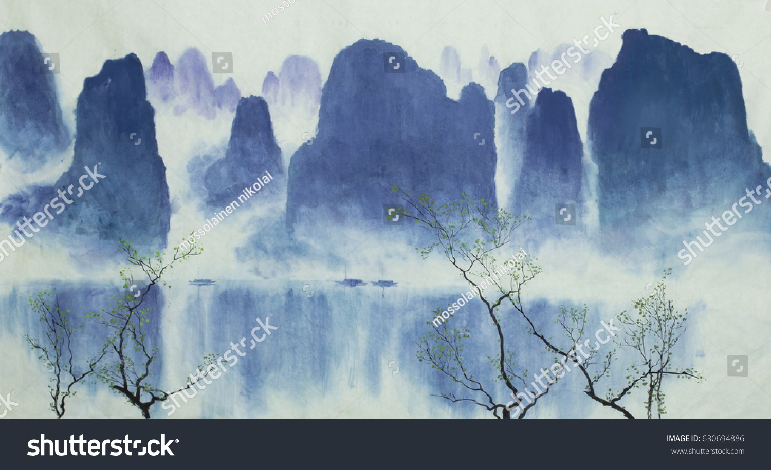Chinese mountains  boats  water and fog