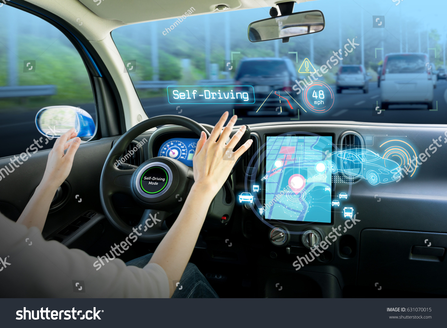 cockpit of autonomous car. self driving vehicle hands free driving.