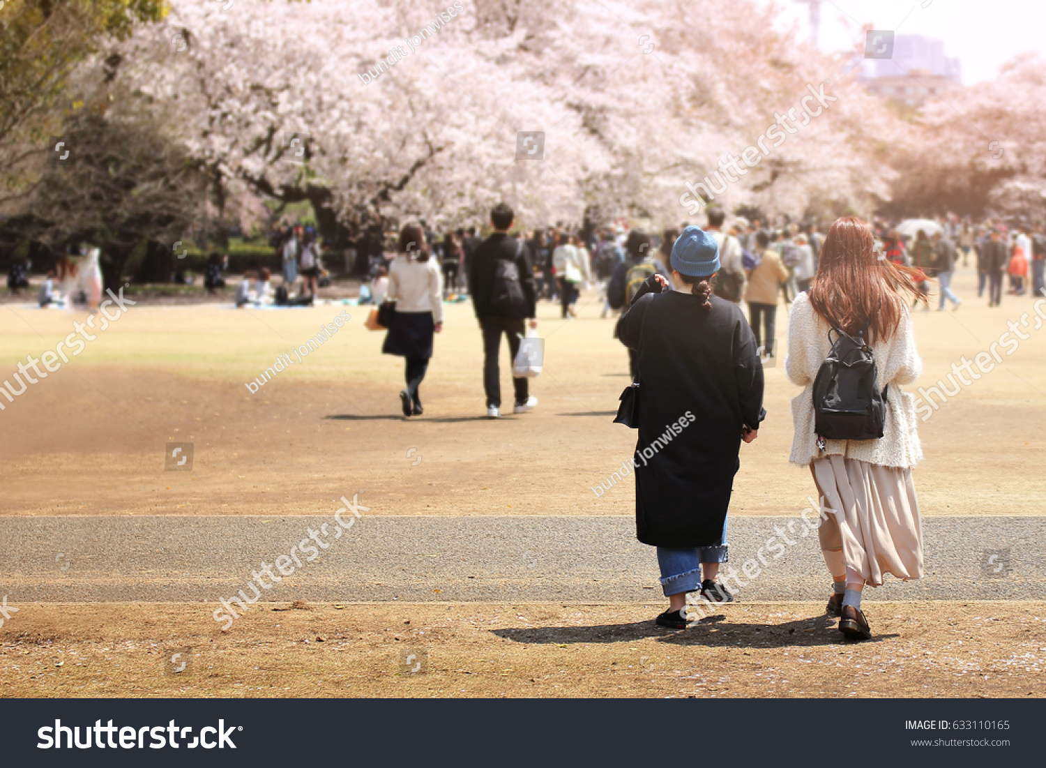 Blurred background of tourist at Shinjuku Gyoen National garden in spring season with cherry blossom (Sakura). this area is popular viewpoint of sakura at Tokyo.