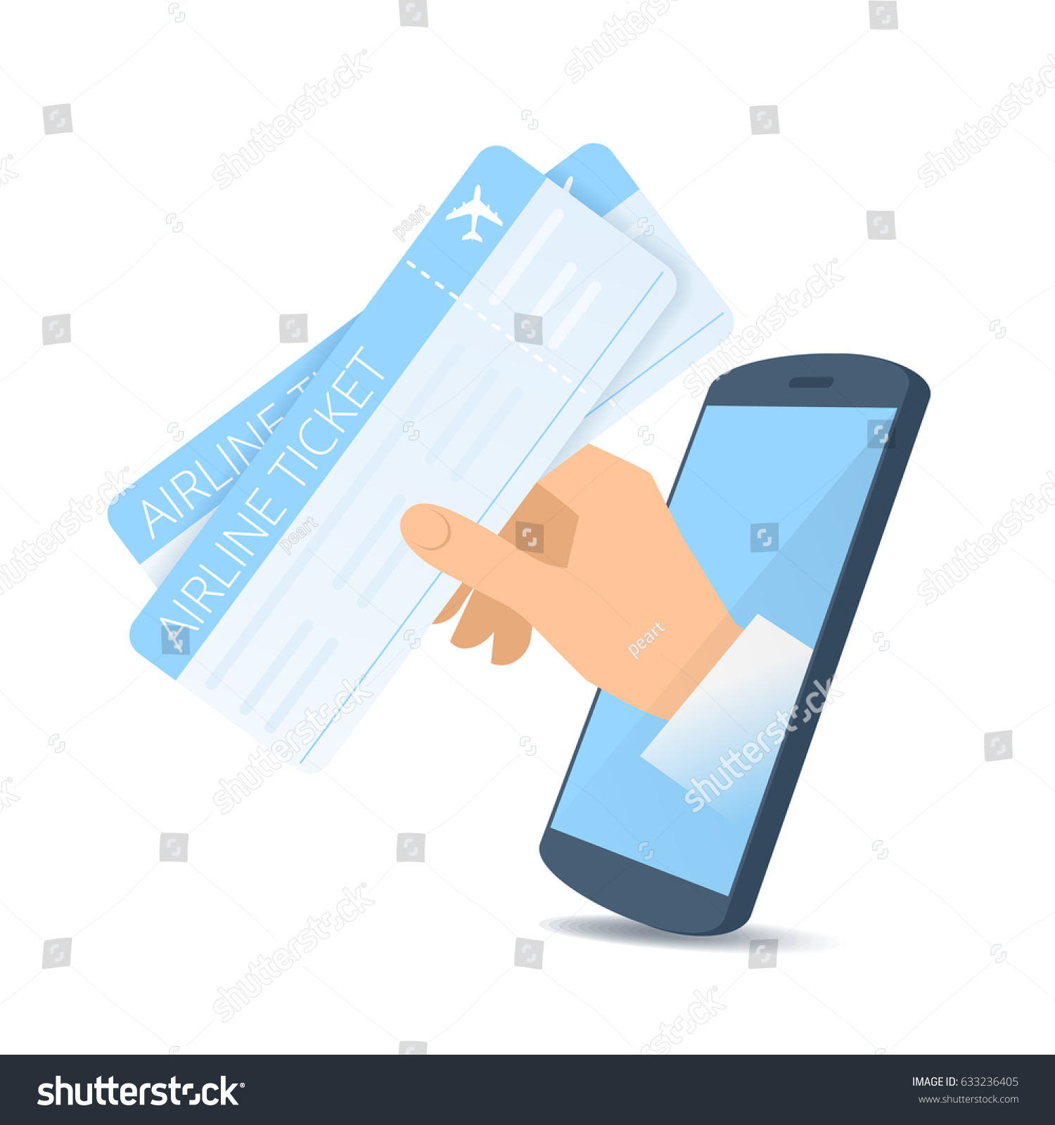 A human hand through the mobile phone's screen holds an airline tickets. Modern technology  smart phone apps  online order flat concept illustration. Vector design element isolated on white background