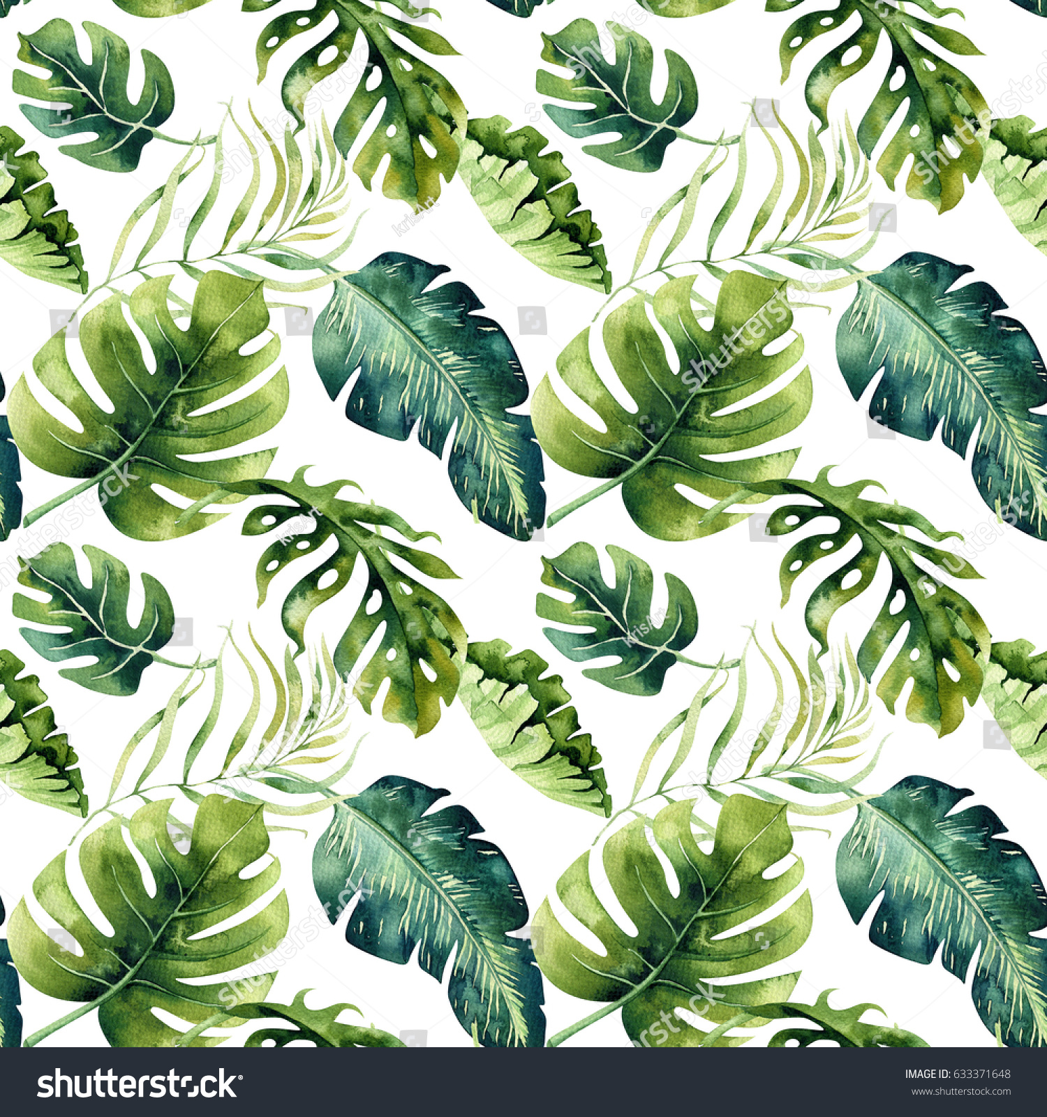 Seamless watercolor pattern of tropical leaves dense jungle. Hand painted palm leaf. Texture with tropic summertime may be used as background wrapping paper textile or wallpaper design.