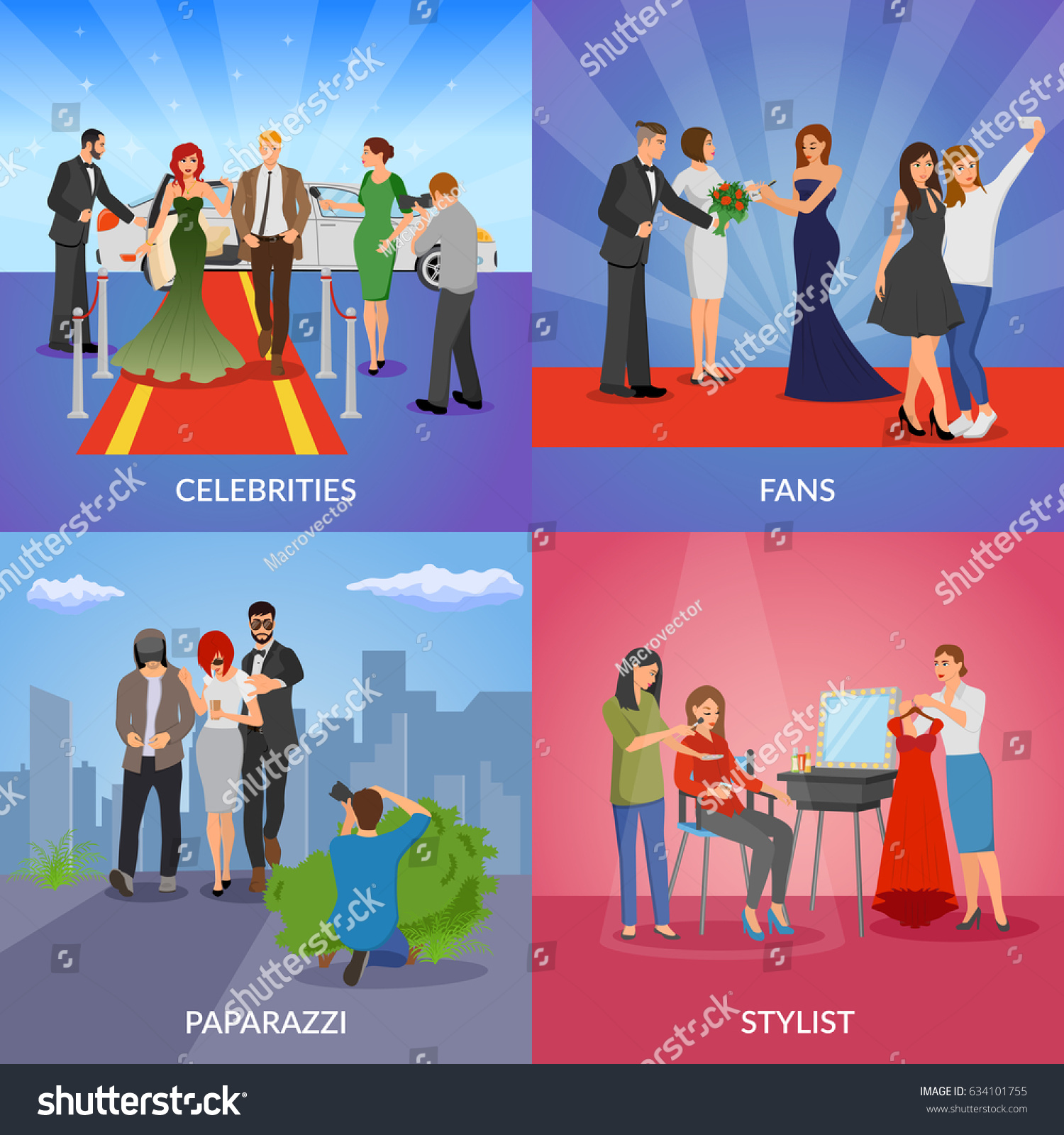 Celebrity 2x2 design concept set of paparazzi stylists fans and vip persons flat vector illustration 