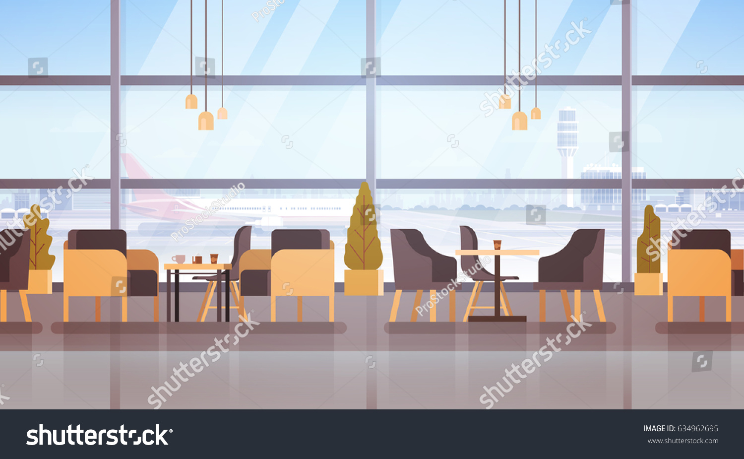 Airport Waiting Hall Departure Terminal Interior Check In Flat Vector Illustration