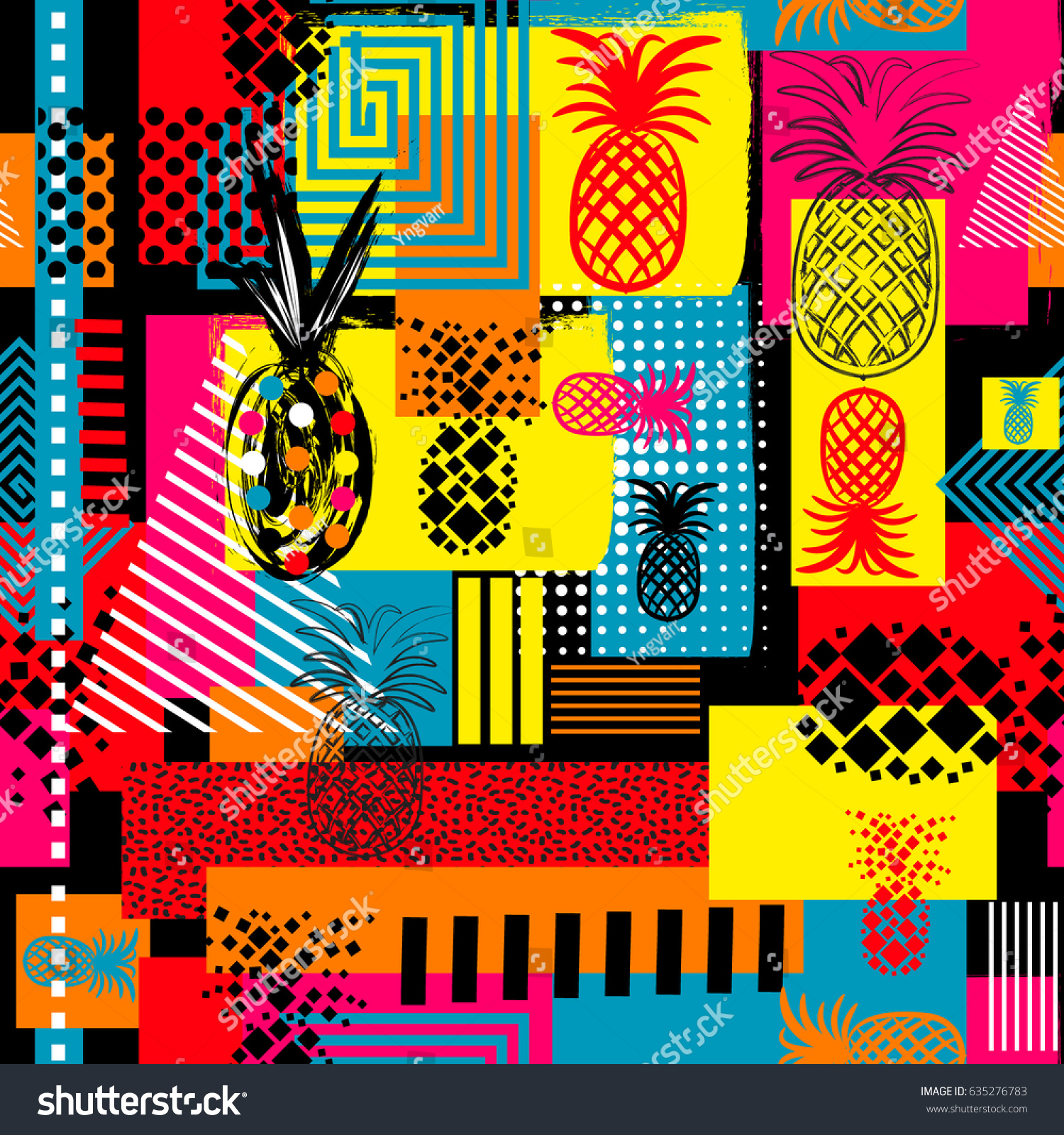 Exotic summer endless backgrounds  Abstract  creative trendy colorful seamless pattern with pineapples urban geometric seamless pattern. Squares  stripes  lines. Hand drawn artistic texture. Pop-art.