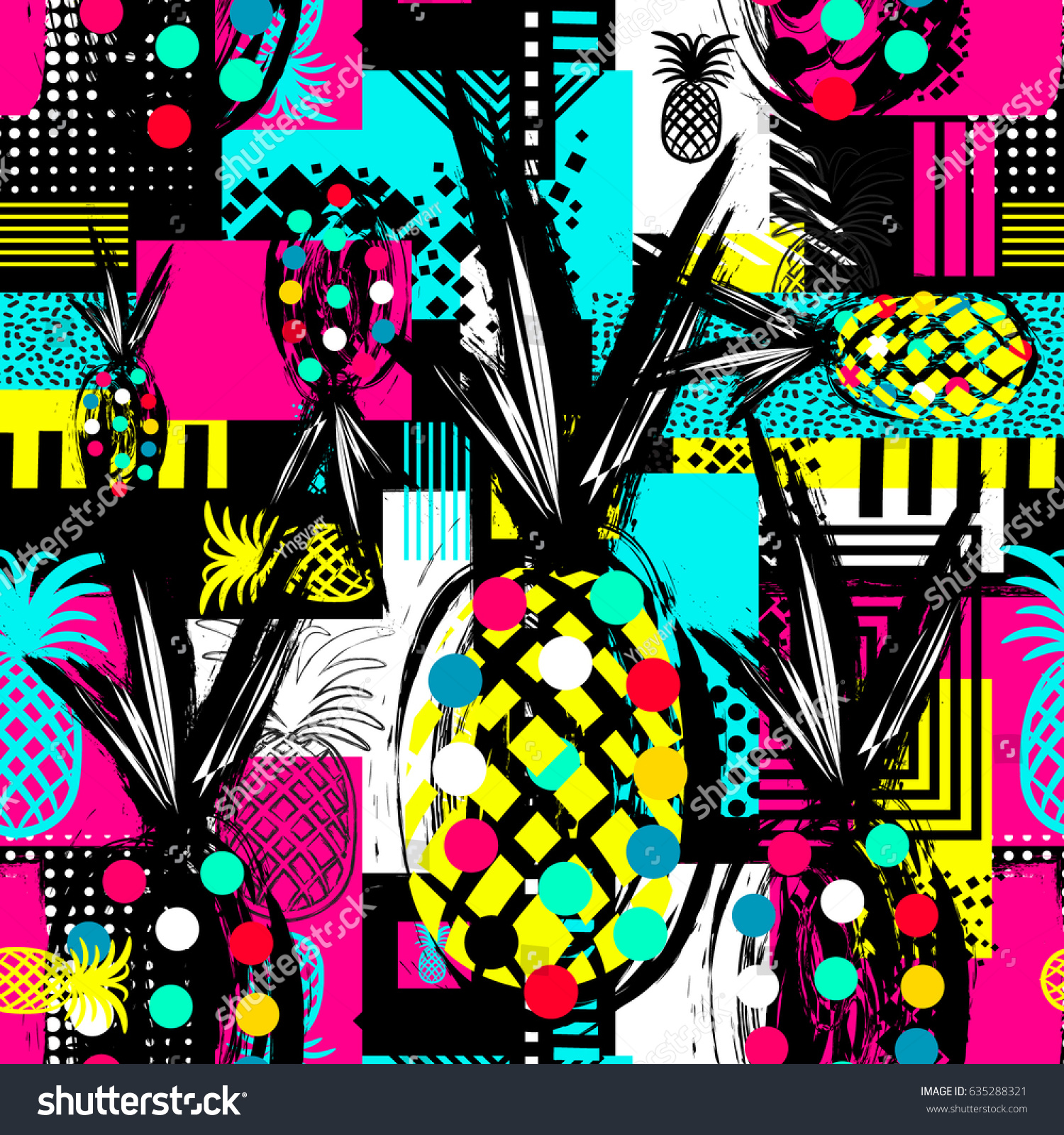 Exotic summer endless backgrounds  Abstract  creative trendy colorful seamless pattern with pineapples urban geometric seamless pattern. Squares  stripes  lines. Hand drawn artistic texture. Pop-art.