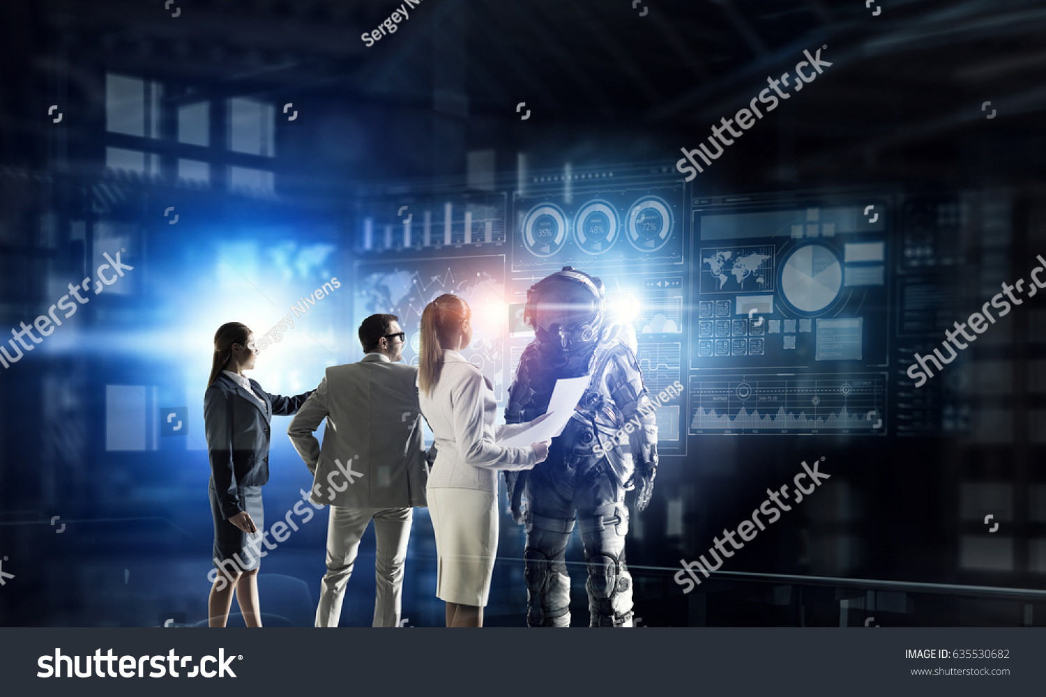 Scientists designing space suit. Mixed media