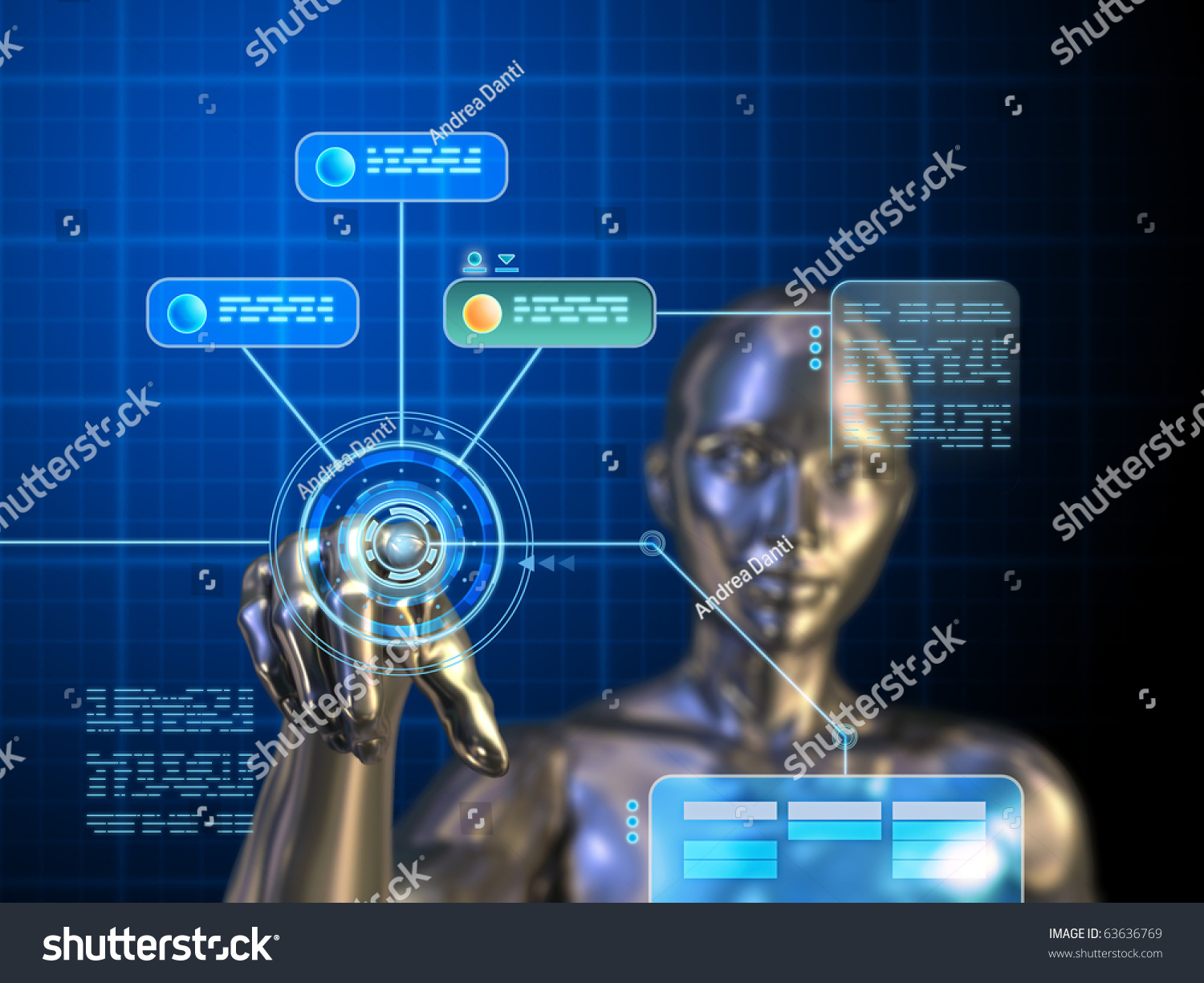 Female android using a futuristic interface. Digital illustration.