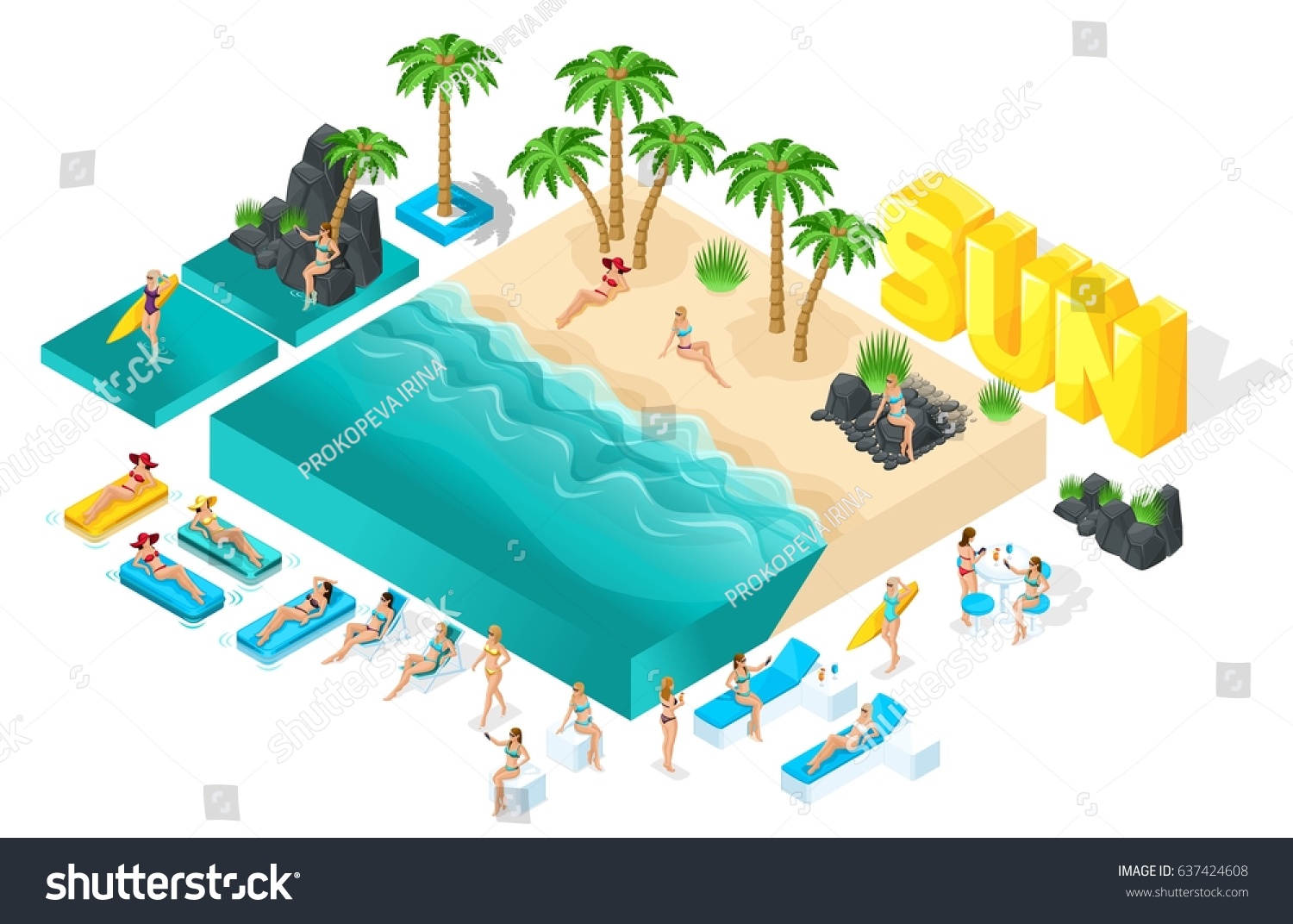 Isometric cartoon vector people  3d girl in bathing suits  large set of elements for creating her beach with beautiful sea waves bright summer vector illustration.
