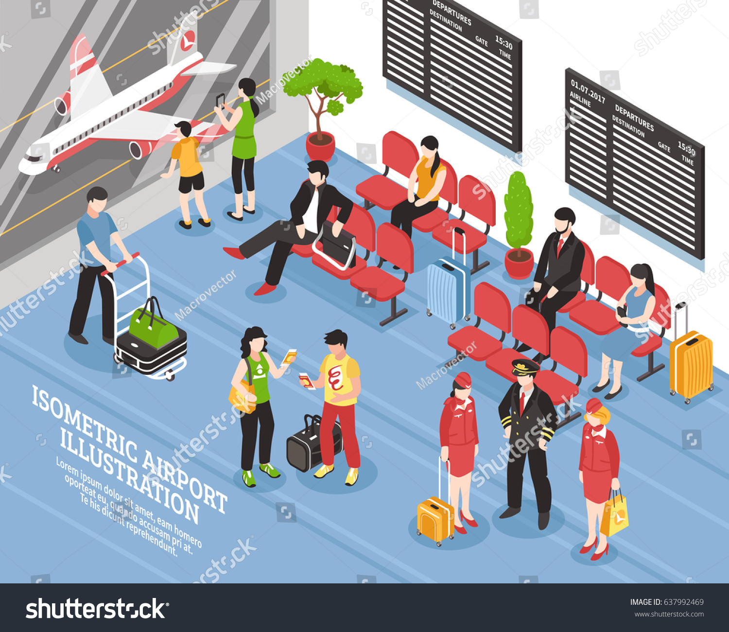 Airport departure waiting area lounge isometric poster with flight crew passengers and black display boards vector illustration 