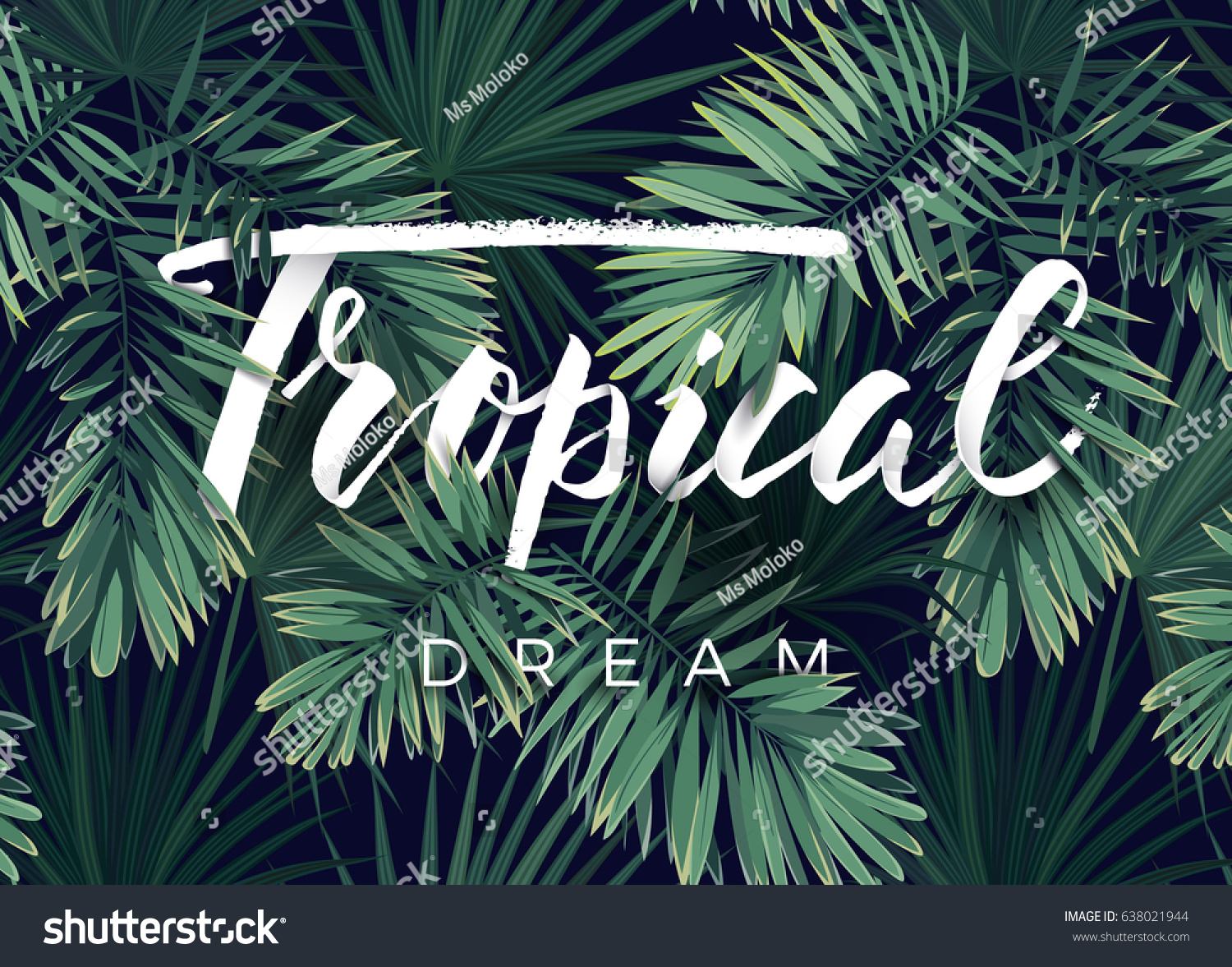 Summer tropical vector design for banner or flyer with dark green palm leaves and lettering.