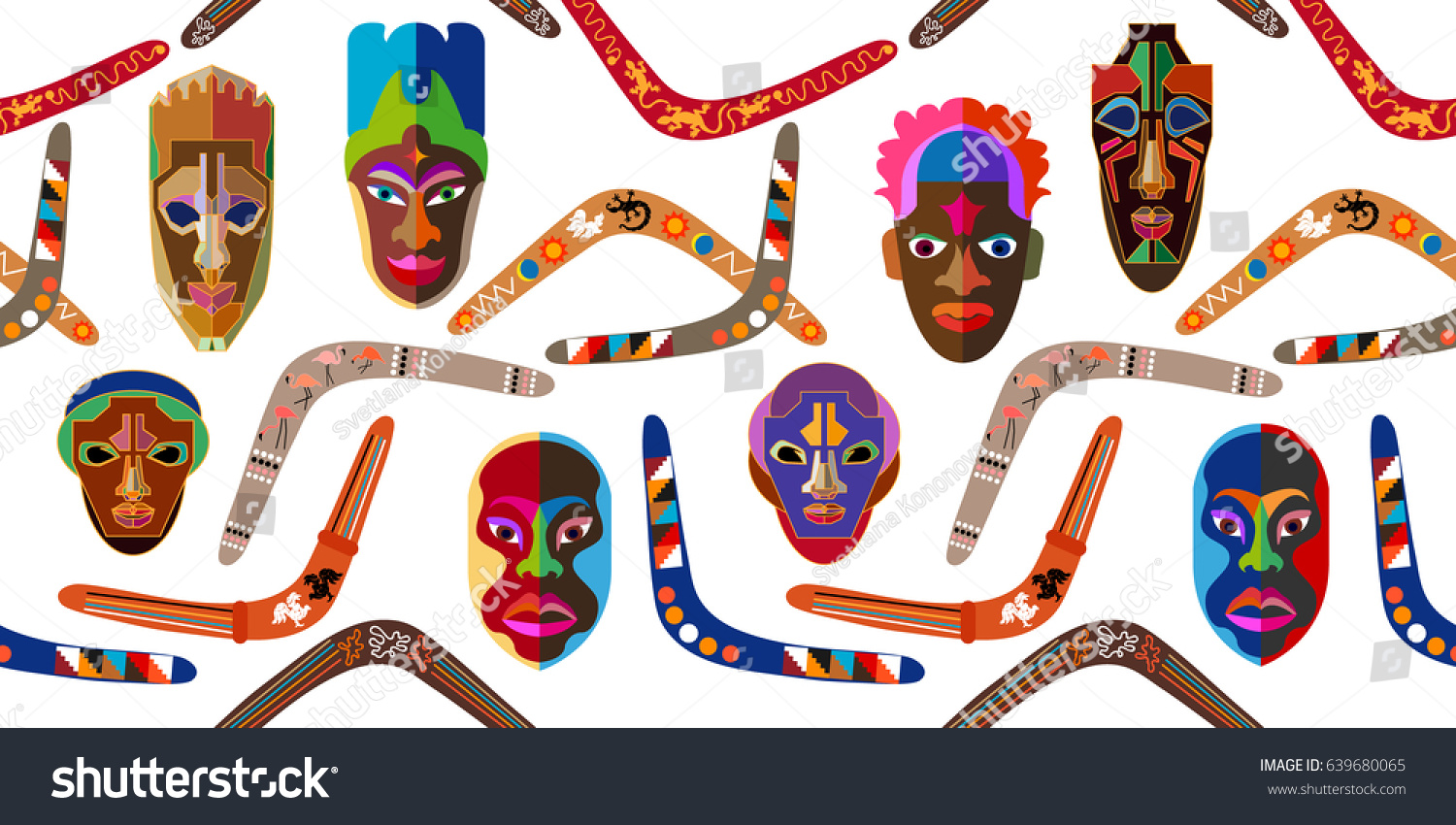 Wide panoramic seamless vector border with Australian boomerangs and African masks inspired by aboriginal art. Ethnic textile collection. On white.