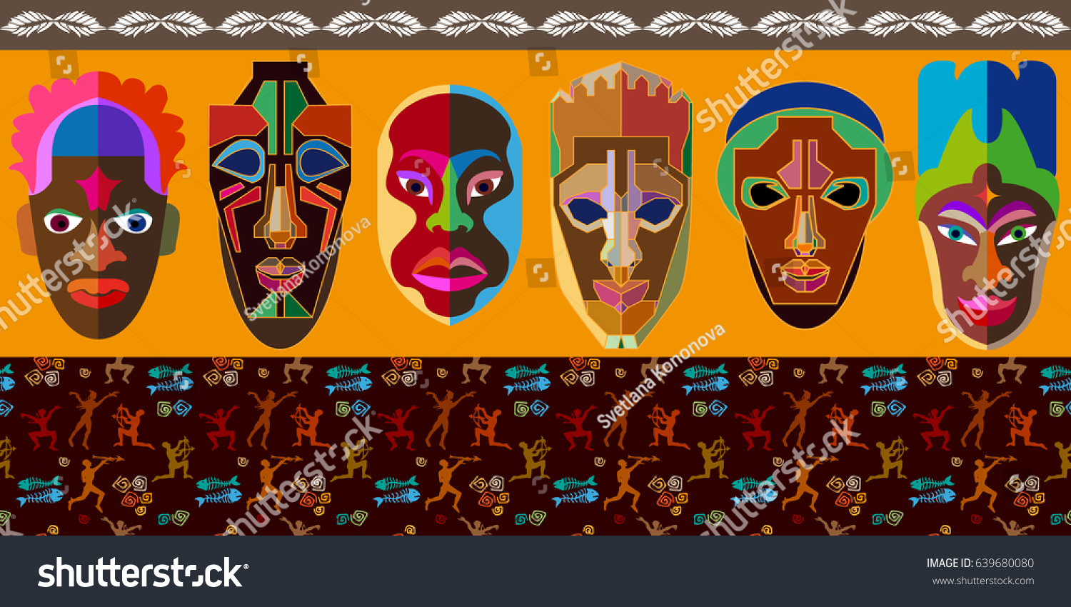 Undiscovered Africa pattern. Set of ritual tribal masks on yellow background and seamless vector border with prehistoric hunting scenes. 