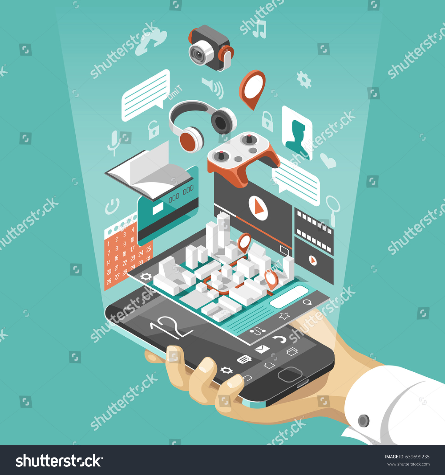 Isometric smart phone interface. Screen with different apps and icons. Map on mobile application. 3d vector illustration. 