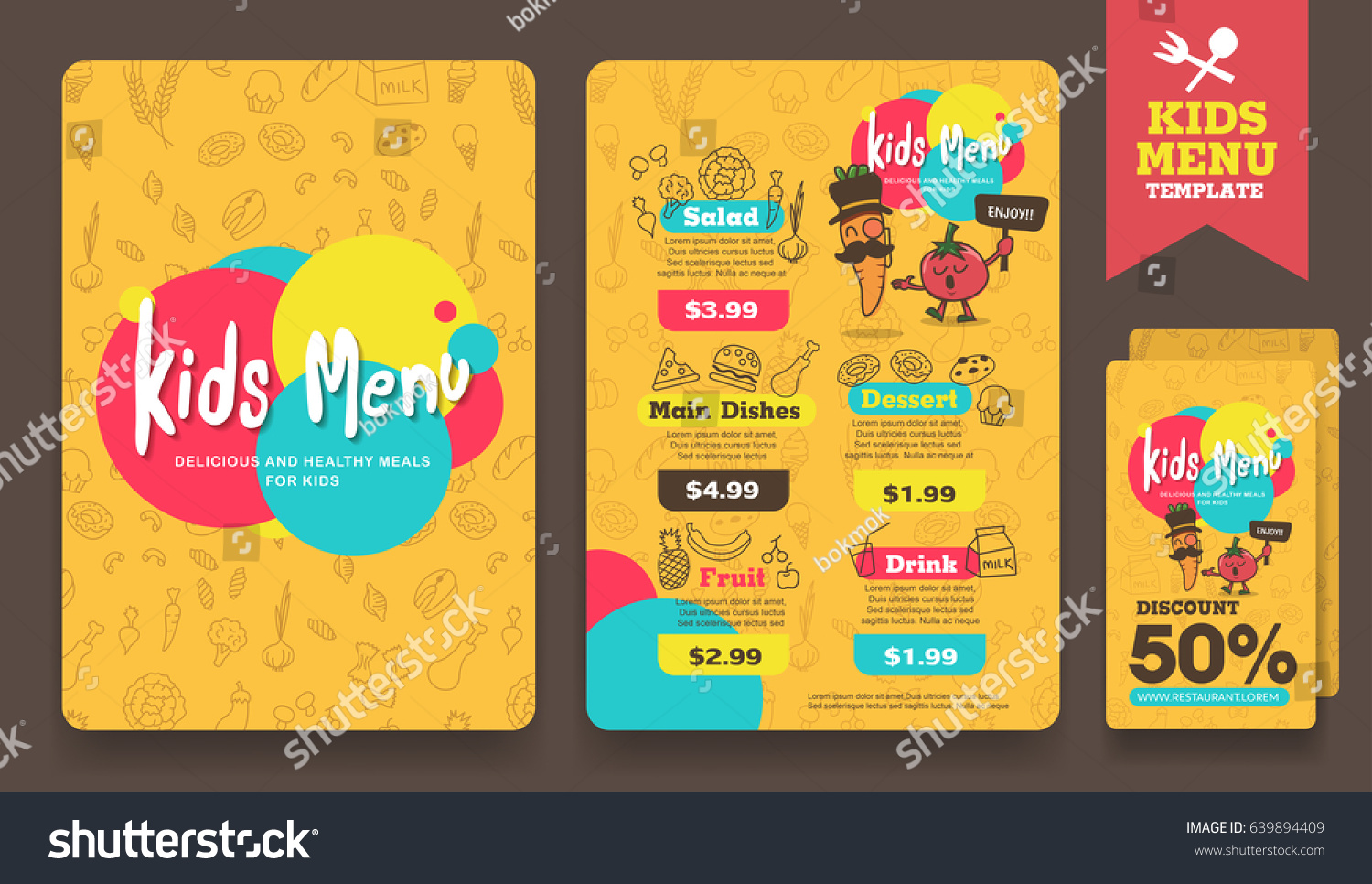 Cute colorful kids meal menu and discount voucher layout template .vector illustration.