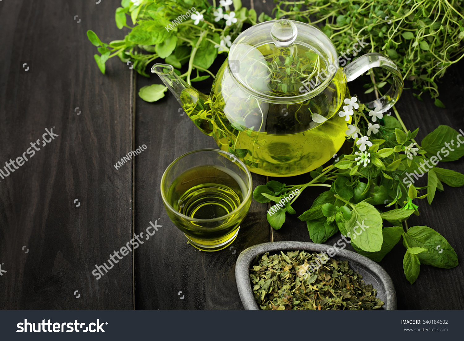 healthy green tea cup with tea leaves 