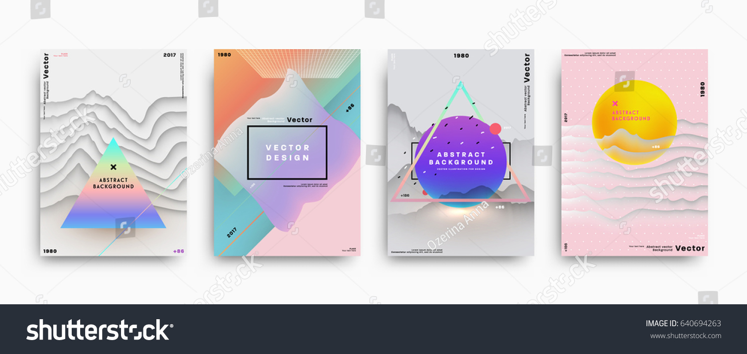 Cover templates with abstract liquid bubbles shapes  80s memphis geometric style flat and 3d design elements. Retro art for banners  flyers  placards and posters. Esp10 vector illustration.