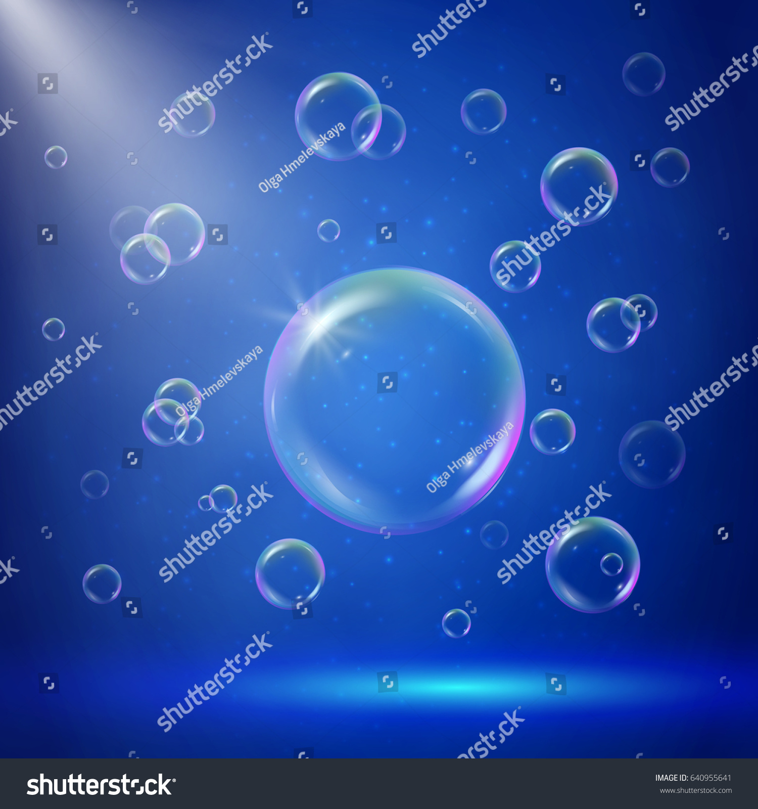 Stage illumination with spotlights and bubbles. Blue deep sea scene with shampoo foam in water. Colorful realistic bubbles with sprays  rays and flare. Background with blowing soap for bath and shower