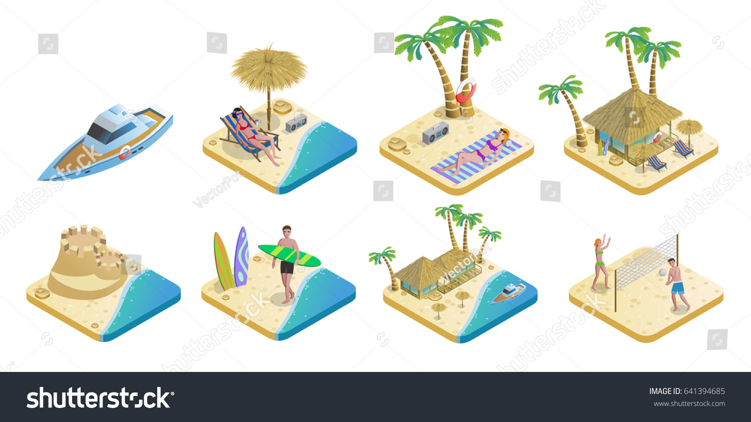 Isometric summer beach elements set with boat tourists palms bungalow surfing volleyball sand castle sunbathing isolated vector illustration