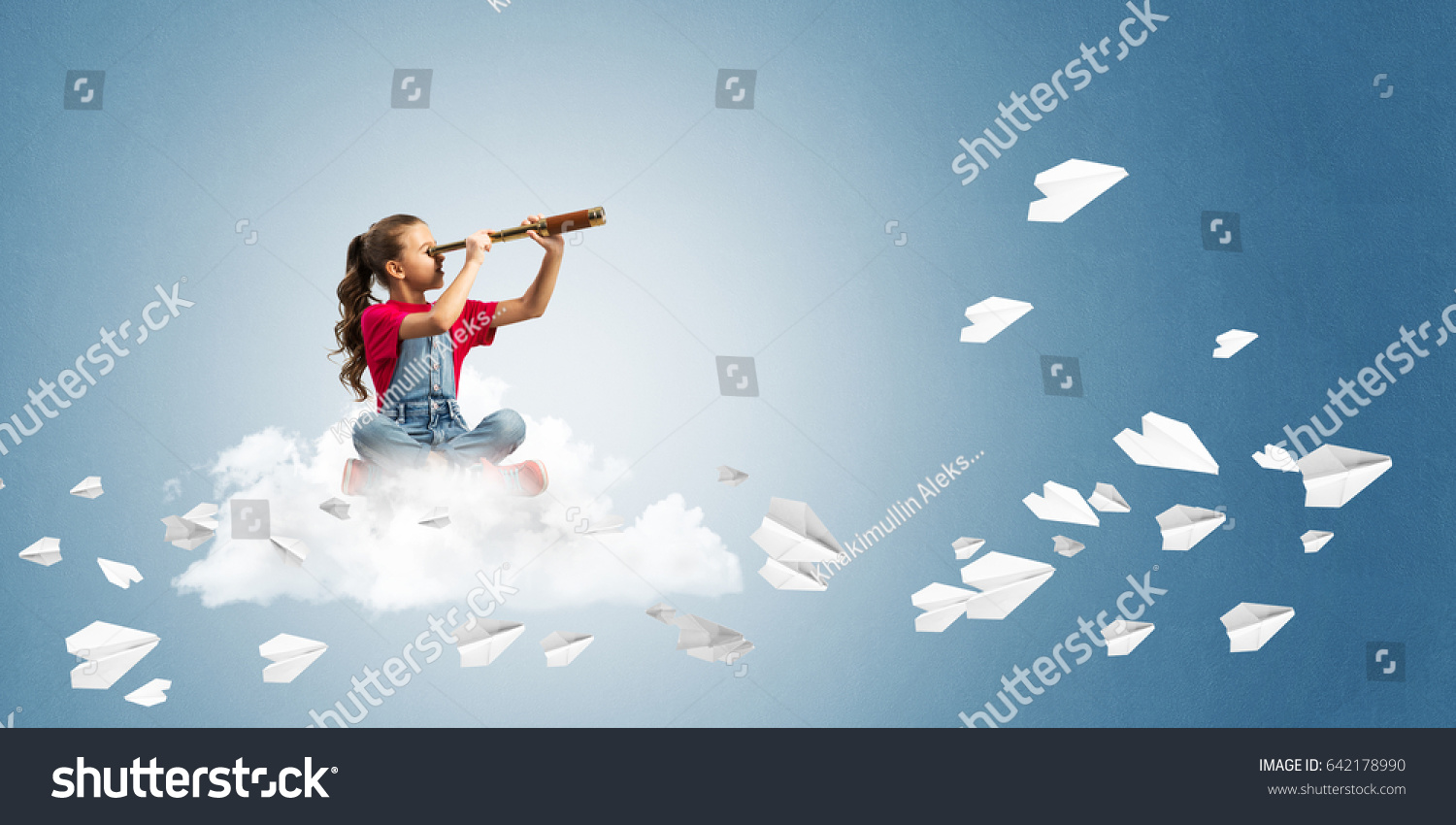 Cute kid girl sitting on cloud looking in spyglass and paper planes flying around