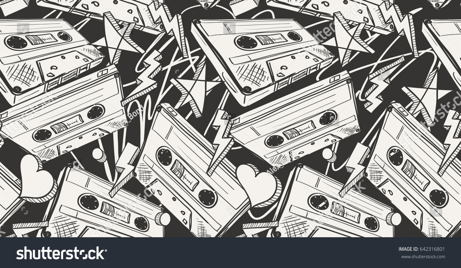 Audio cassettes drawn seamless pattern
