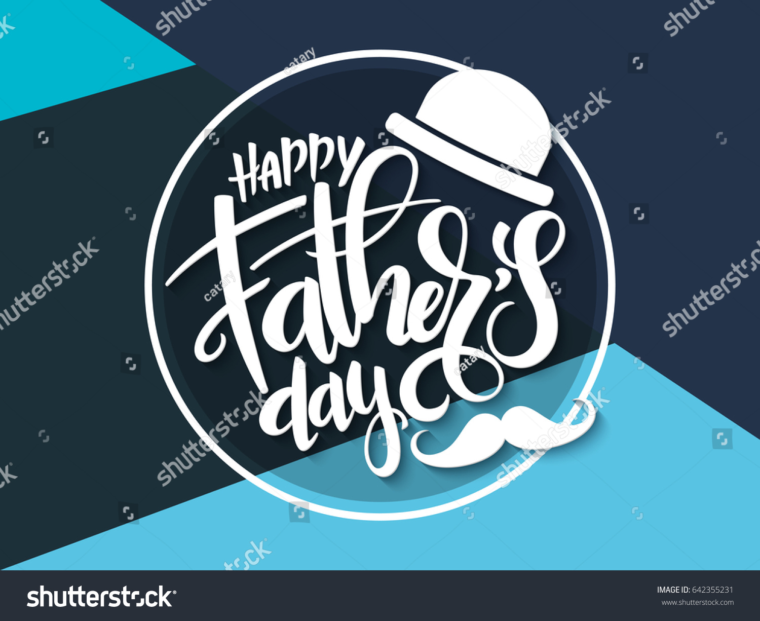 Vector father's day greetings card with hand lettering - happy father's day - with a hat and mustaches in a circle.