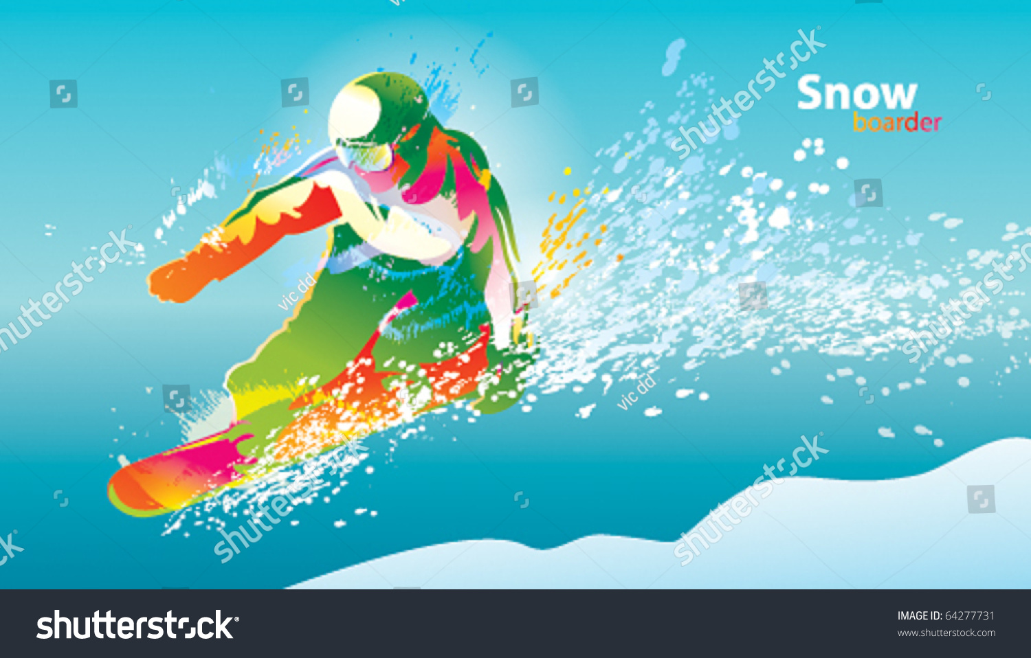 The colorful figure of a young man snowboarding on a blue sky background. Vector illustration.