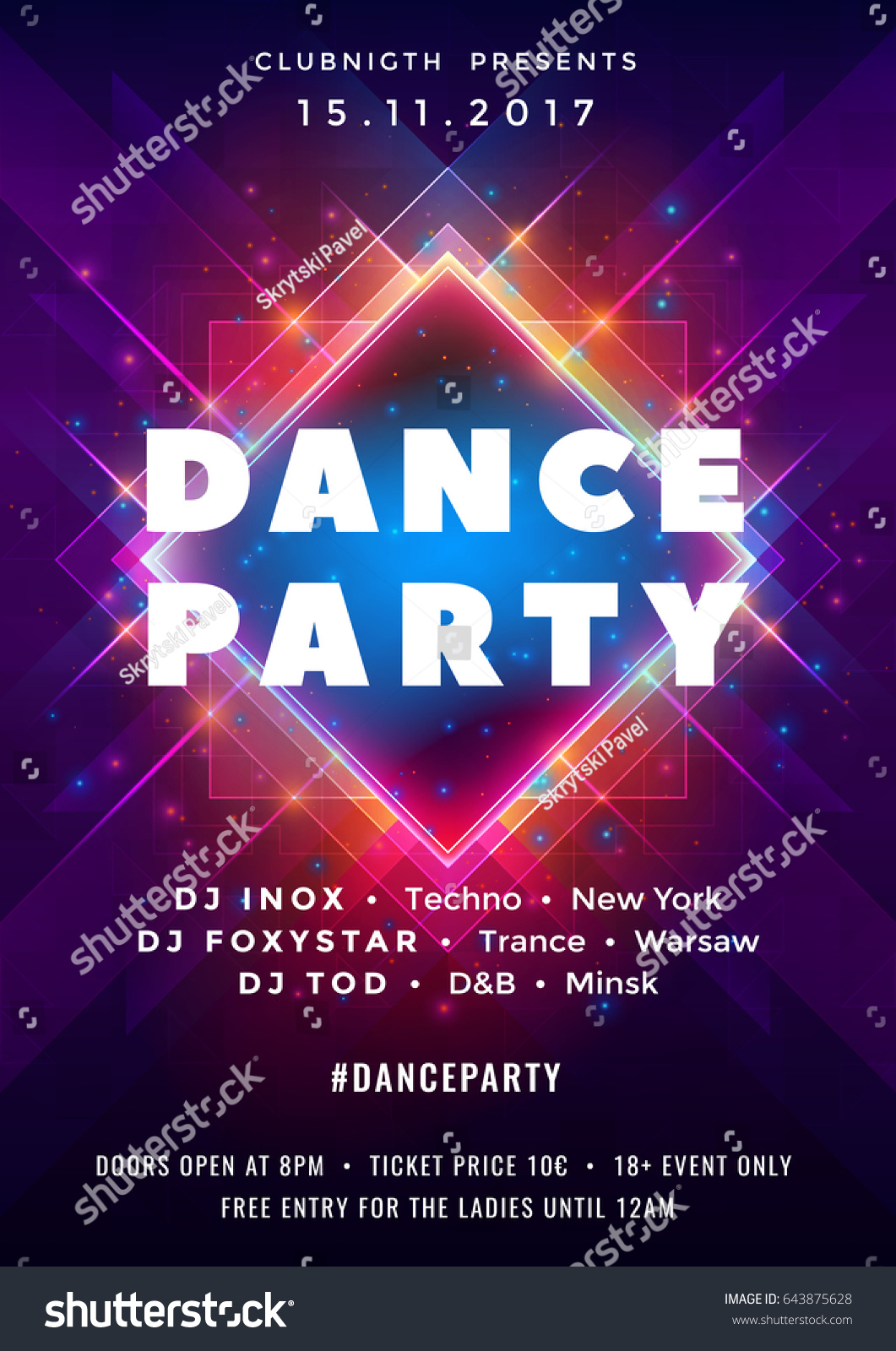 舞会海报矢量背景模板带有颗粒 线条 高光和现代几何形状 粉红色和蓝色。音乐活动传单或横幅摘要