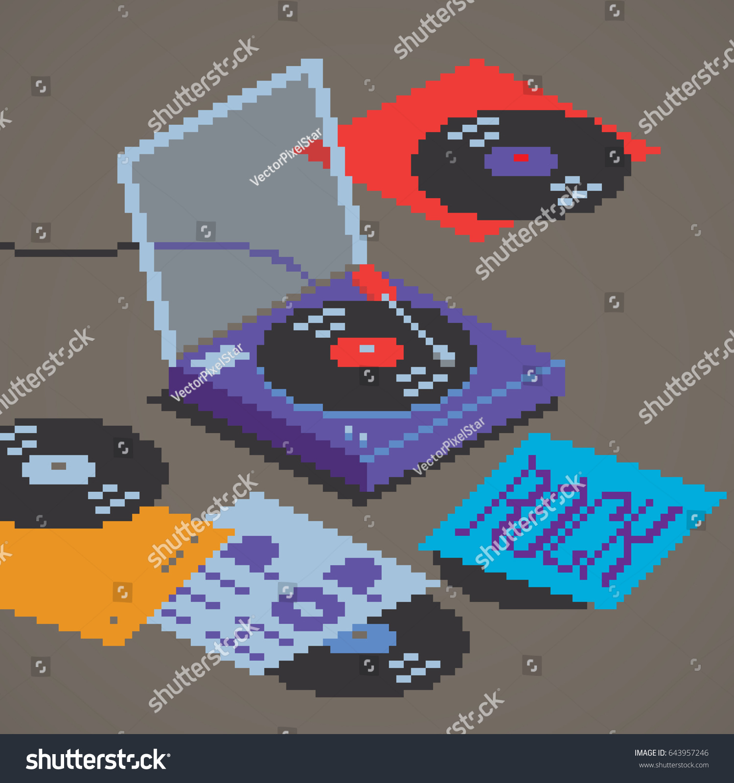 Pixel art style gramophone player icon being played with rock and hip-hop album covers  isometric view  vector graphic illustration.