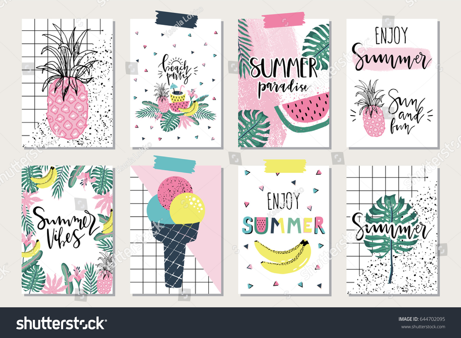 Vector set of bright summer cards. Beautiful posters with flamingo  watermelon  ice cream  hello and hand written text.