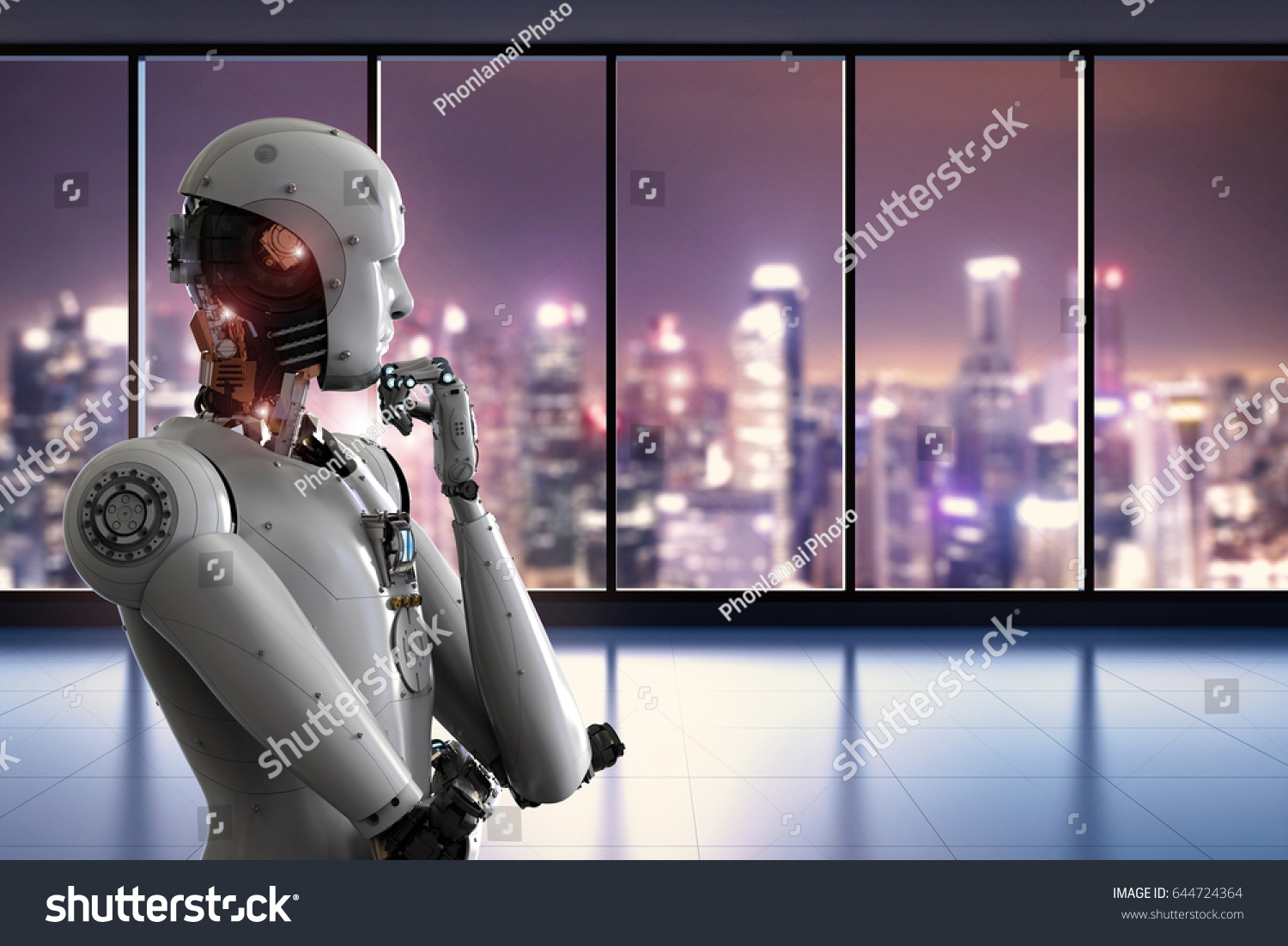 3d rendering android robot thinking in office 