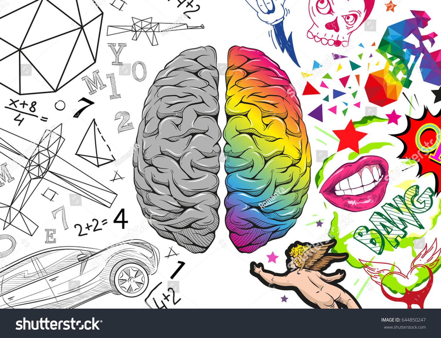 Versus letters human brain right and left hemisphere illustration. Creative concept vector design. 