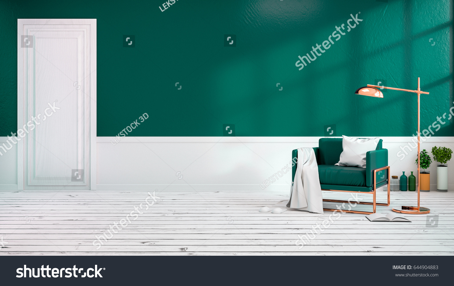 Modern loft interior of living room with green armchairs on white flooring and dark green wall .empty room 3d rendering