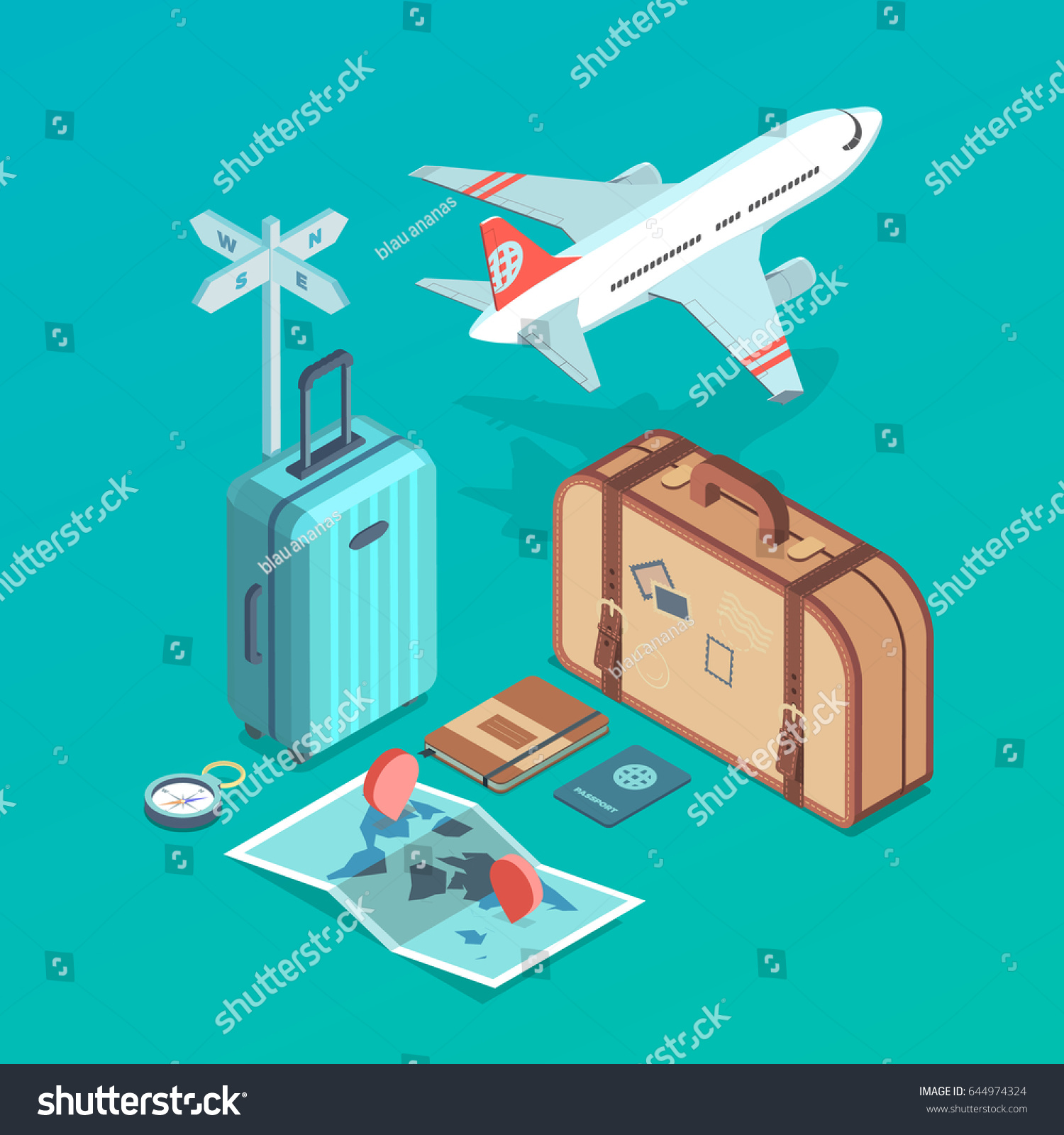 Isometric icon illustrations of traveling  plane   passenger luggage  tourist and journey objects