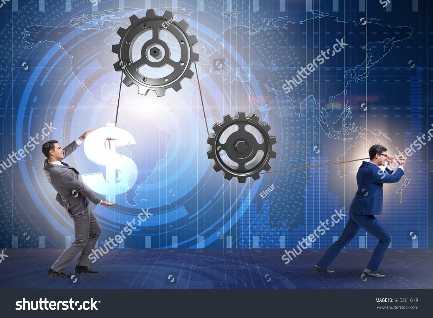 Businessman pulling mechanism and raising dollar
