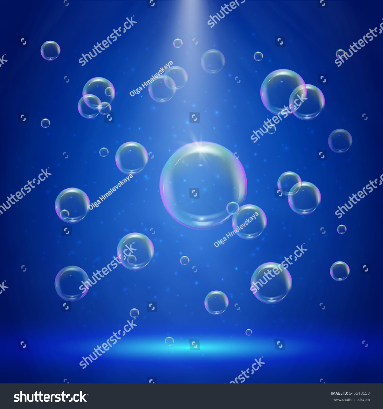 Stage illumination with spotlights and bubbles. Blue deep sea scene with shampoo foam in water. Colorful realistic bubble with sprays and rays. Background with liquid cleaning soap for bath and shower