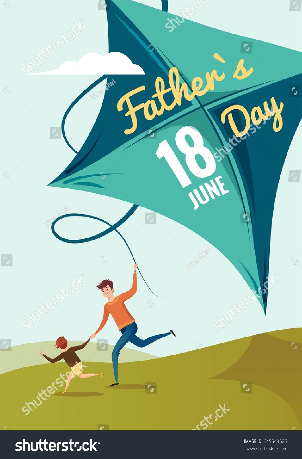 Happy Fathers Day flyer  banner or poster. Happy family father and son flying kite and having fun in summer. Vector illustration
