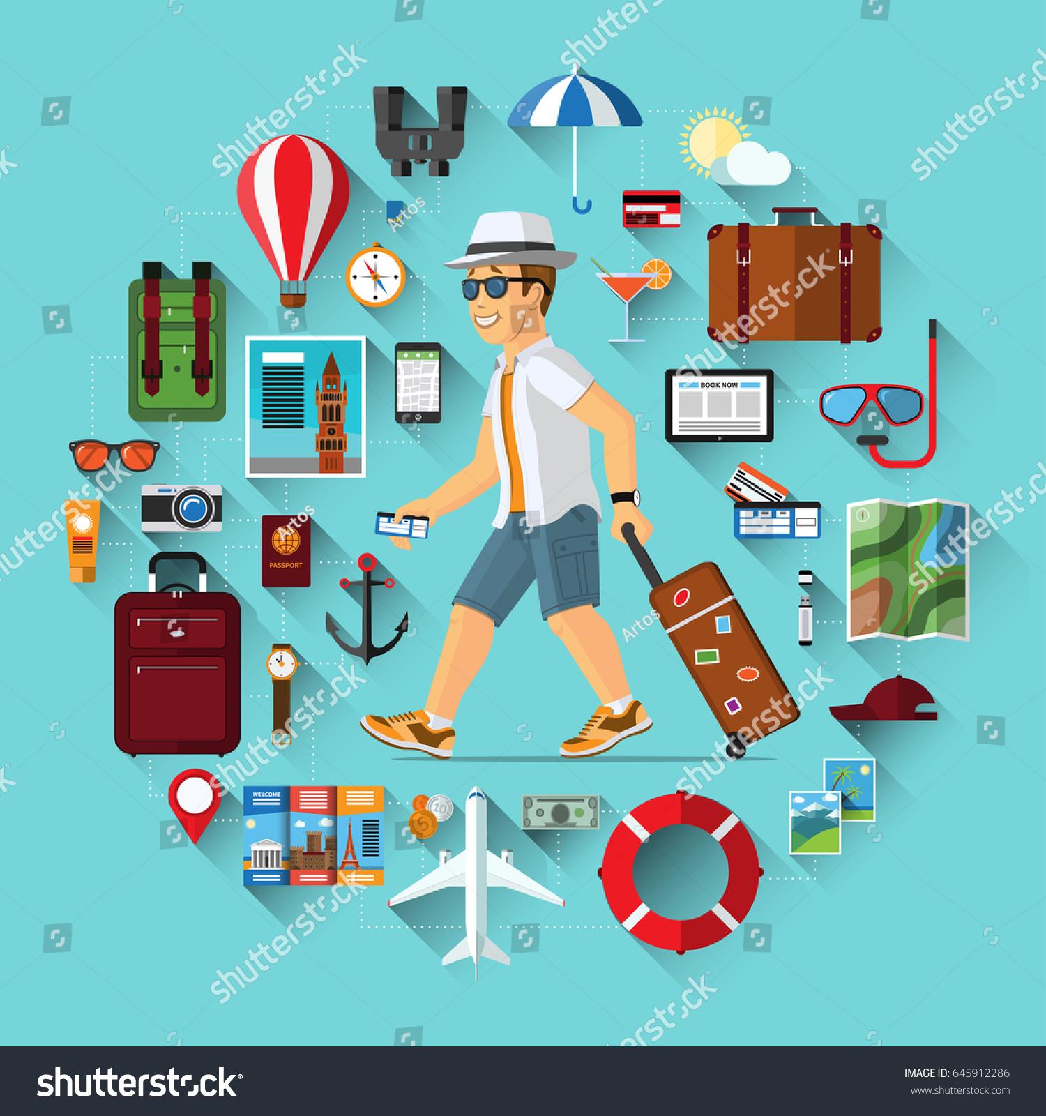 Smiling cartoon tourist man with hand luggage suitcase and the set of icons of tourism  air travel  summer vacation planning  adventure  journey in holidays. Flat style vector illustration