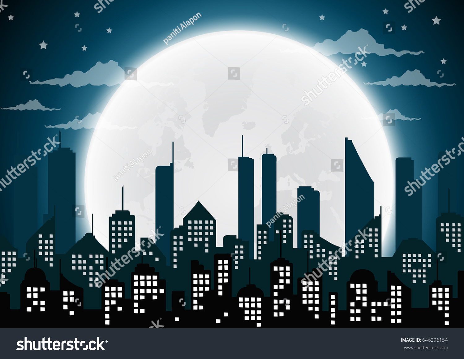 Silhouette of the city and night with  full moon at the sky.vector
