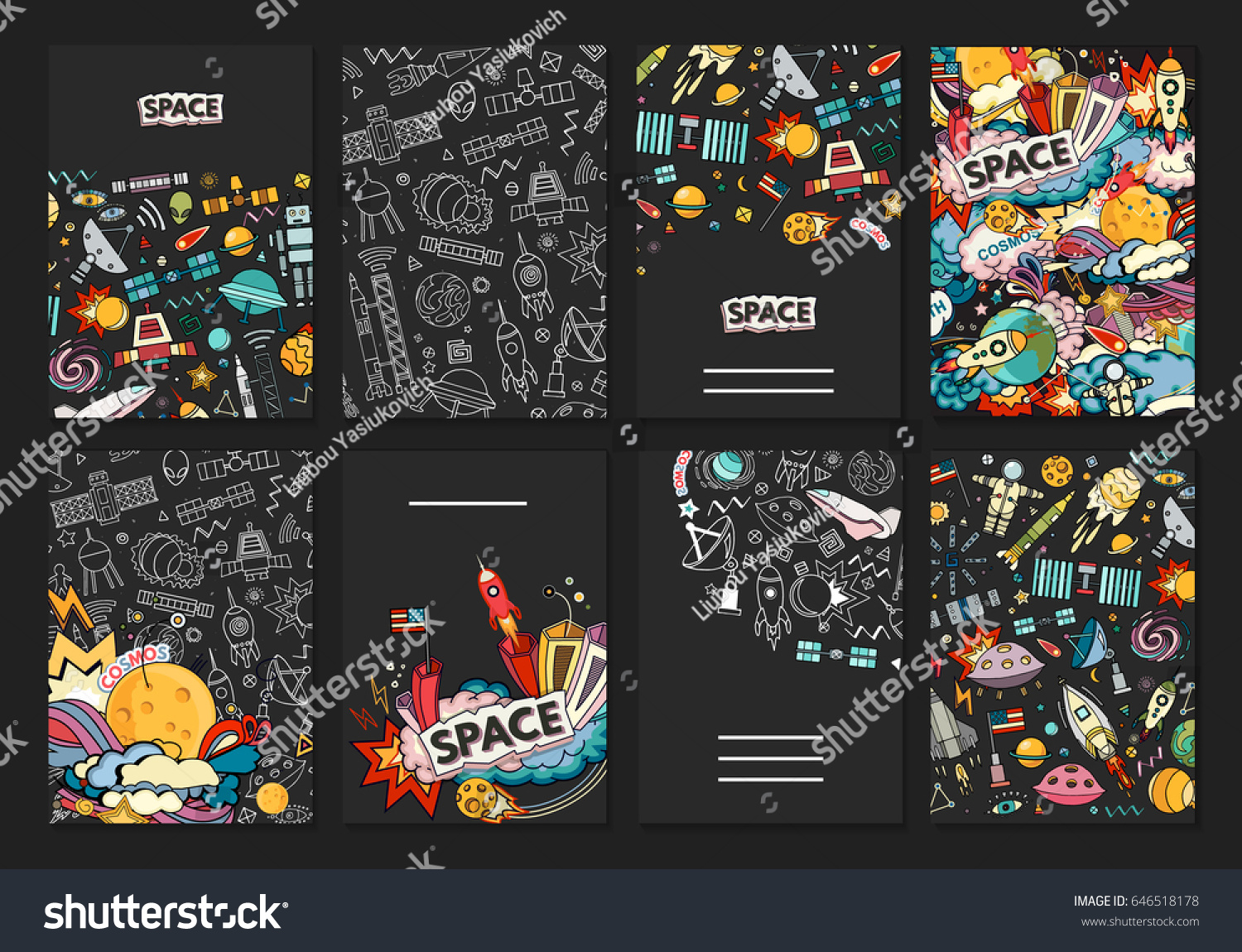 Cards  vector template illustration of space. Moon  planet  rocket  earth  cosmonaut  comet  universe. Classification  milky way. Cosmos.
